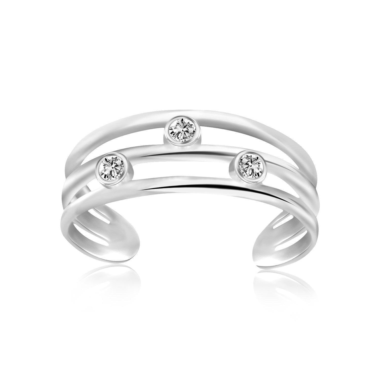 Sterling Silver Rhodium Plated Triple Line Open Motif Cubic Zirconia Toe Ring in a sleek high-contrast midnight luxury editor