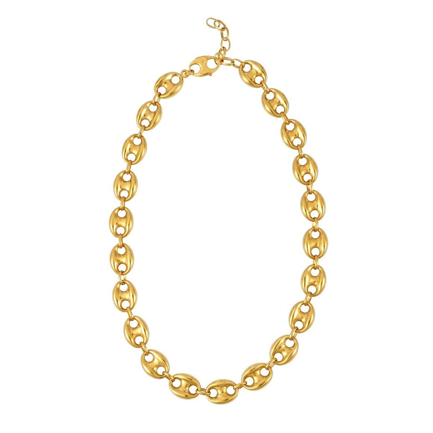 Puffed Mariner Link 12mm Necklace in 14K Yellow Gold in a sleek high-contrast midnight luxury editorial style