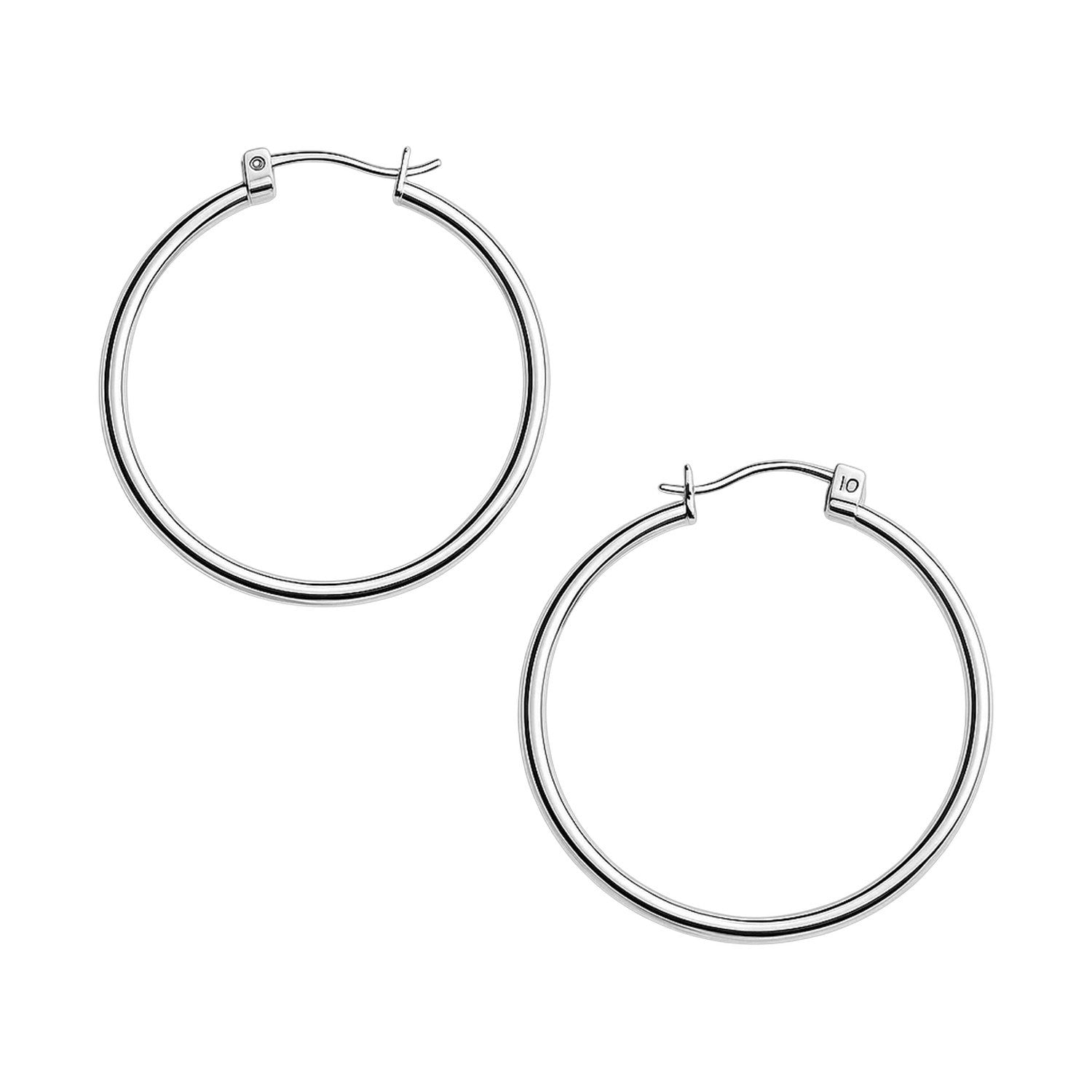 10k White Gold Polished Hoop Earrings (1.5x40mm) in a sleek high-contrast midnight luxury editorial style