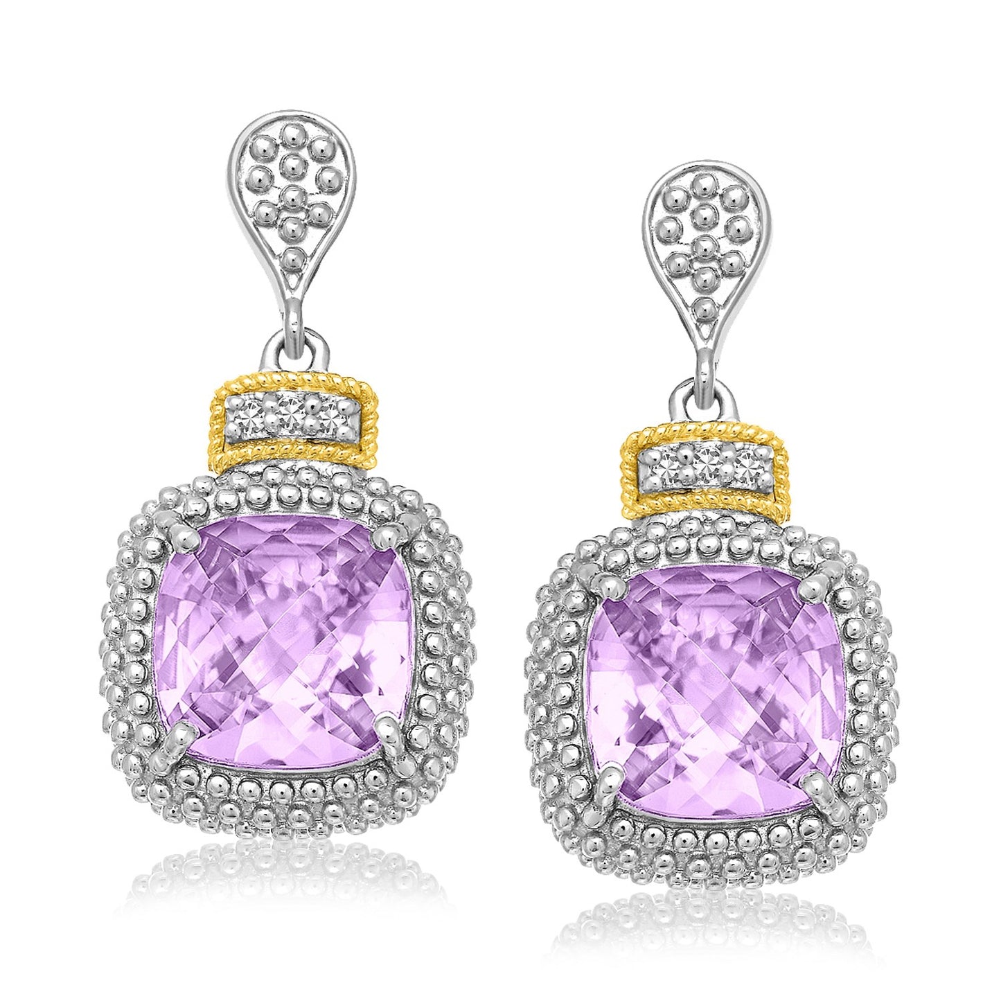 18k Yellow Gold & Sterling Silver Cushion Amethyst & Diamond Earrings (.05cttw) in a sleek high-contrast midnight luxury edit