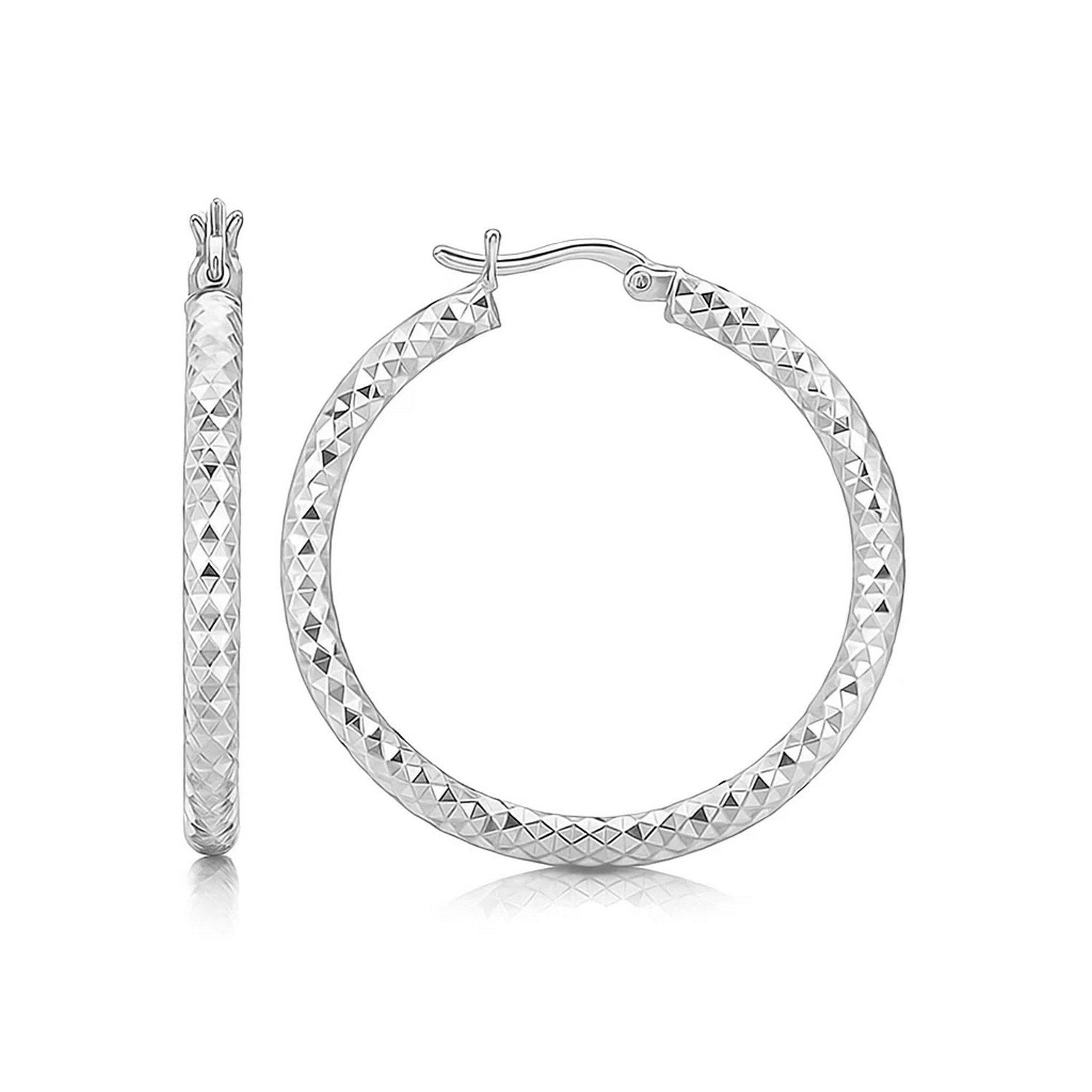 Sterling Silver Faceted Motif Large Hoop Earrings with Rhodium Plating(4x25mm) in a sleek high-contrast midnight luxury edito