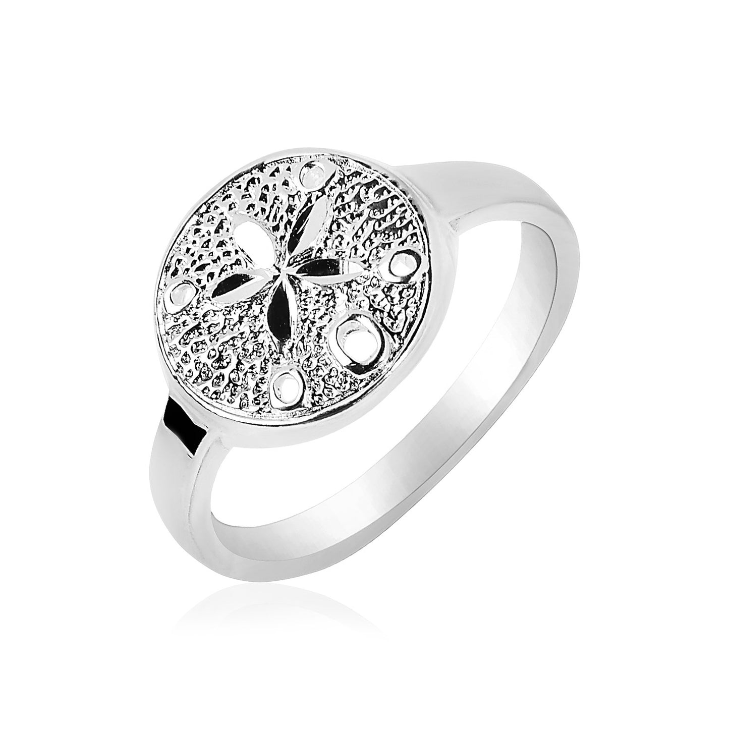 Sterling Silver Textured Sand Dollar Ring(2.50 mm) in a sleek high-contrast midnight luxury editorial style
