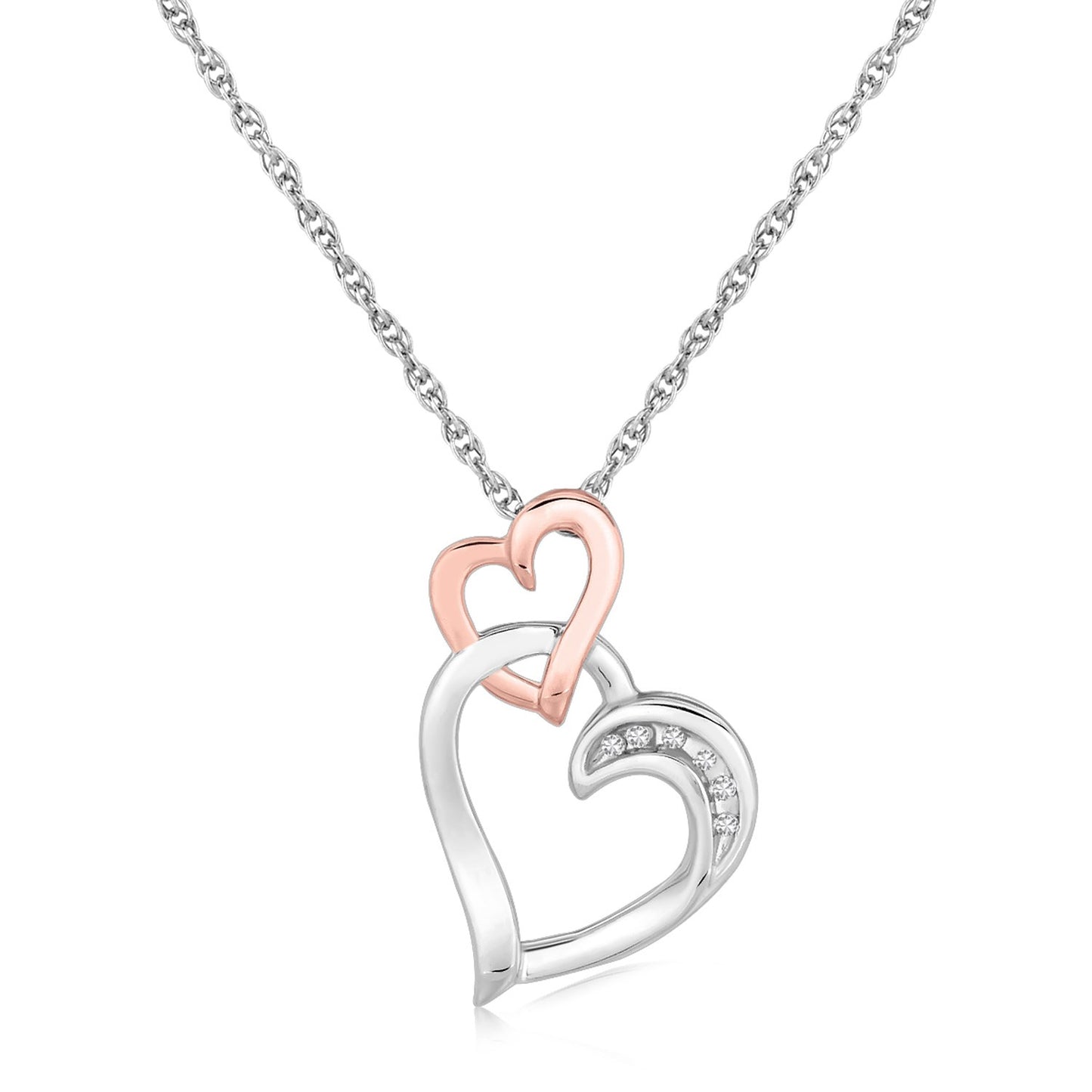 Sterling Silver Cascading Dual Heart Diamond Accented Pendant (.02 cttw) in a sleek high-contrast midnight luxury editorial s