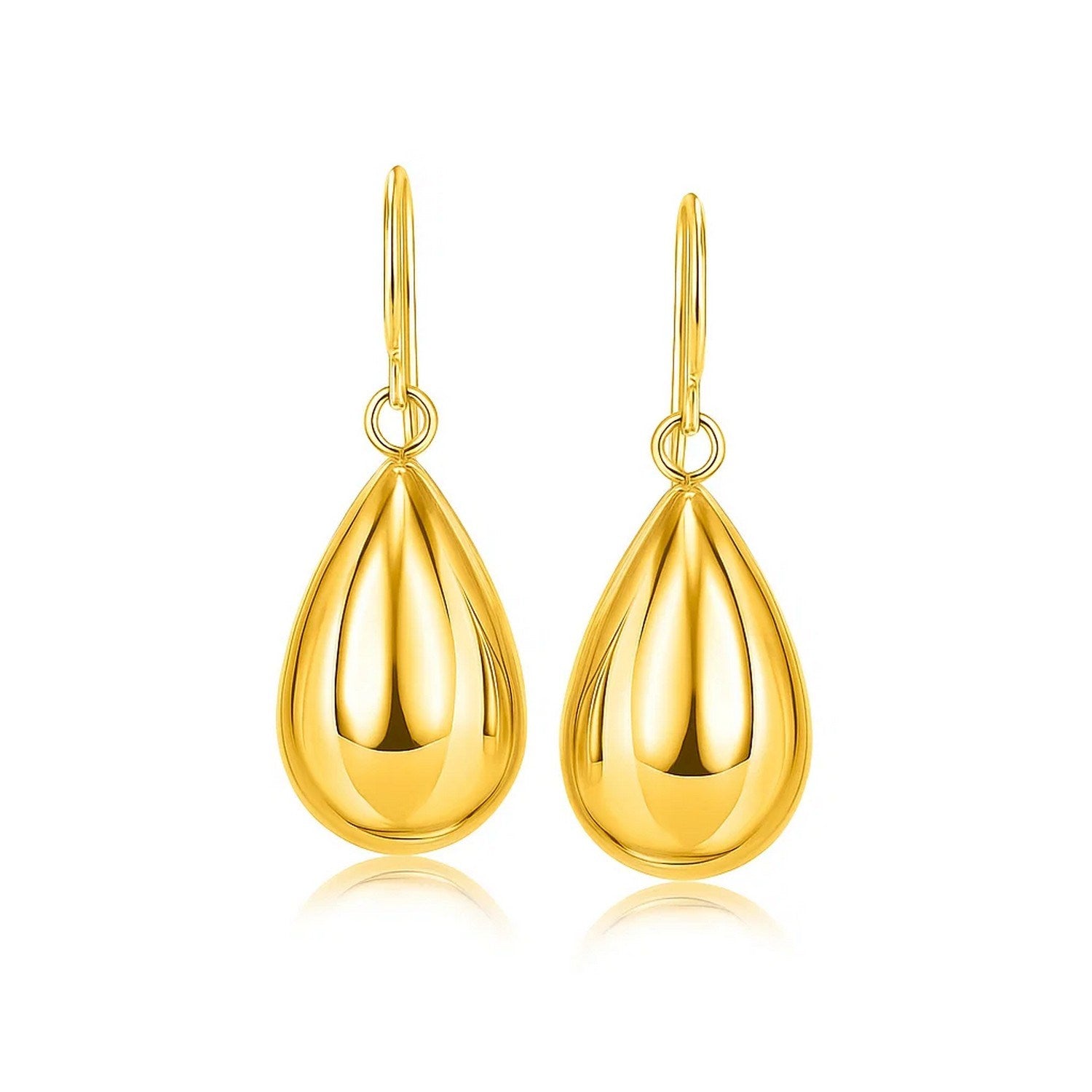 14k Yellow Gold Polished Teardrop Motif Drop Earrings in a sleek high-contrast midnight luxury editorial style