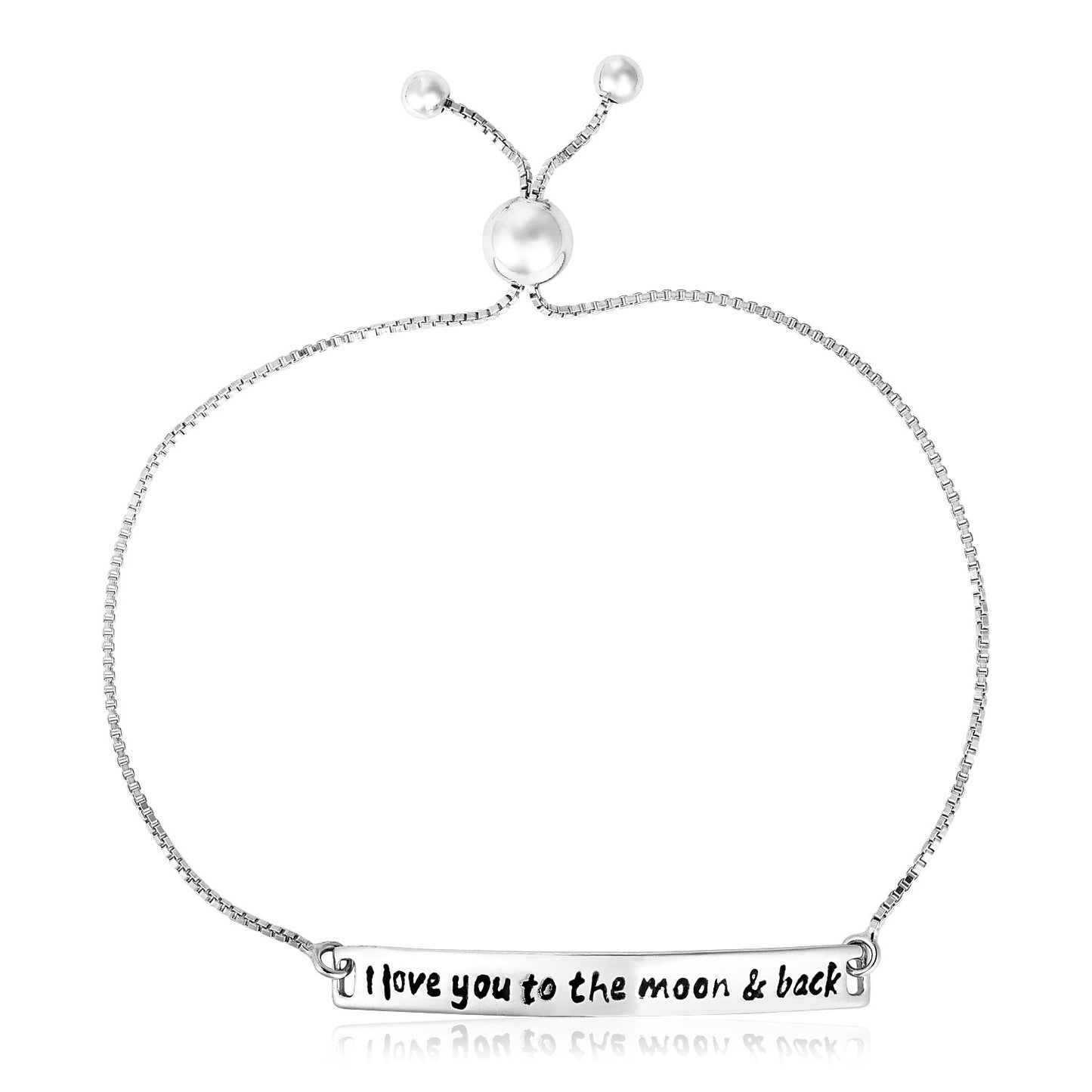 Sterling Silver Adjustable I Love You to the Moon and Back Bracelet (1.20 mm) in a sleek high-contrast midnight luxury editor