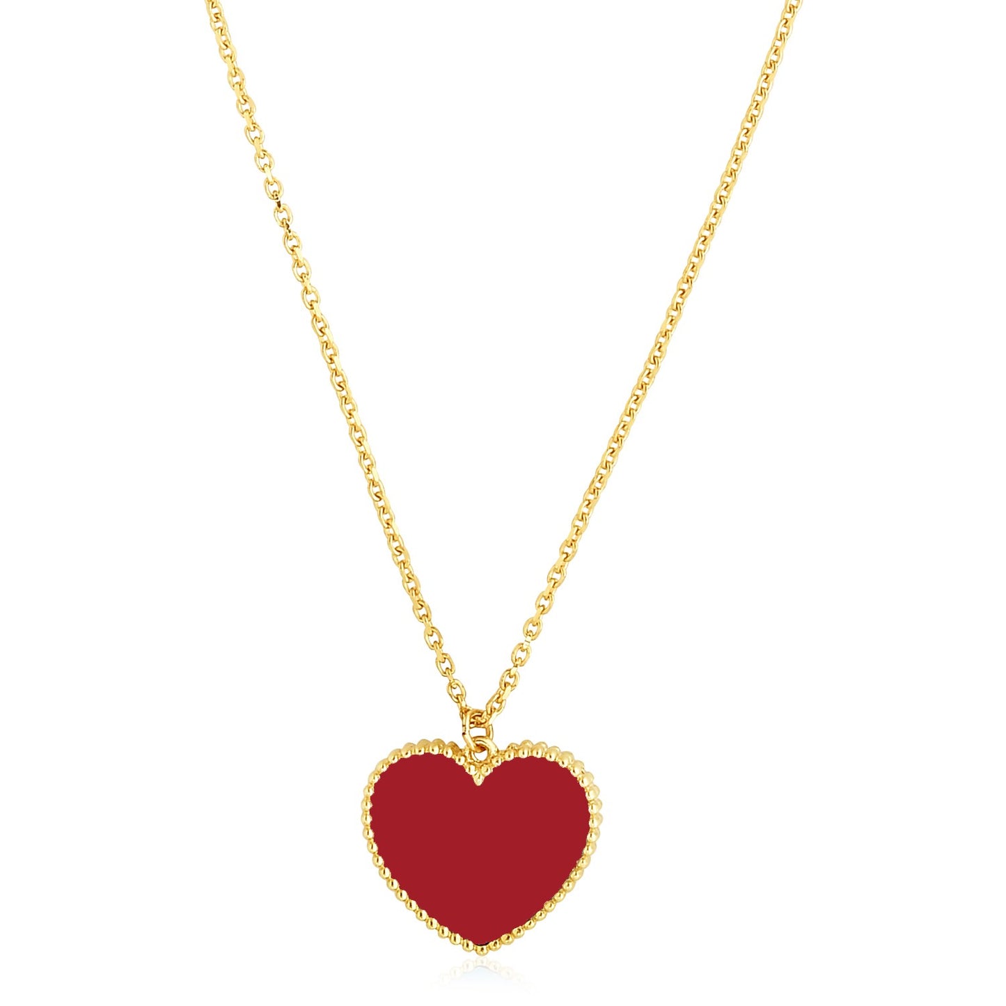 14k Yellow Gold High Polish Heart Red Cornelia Paste Necklace in a sleek high-contrast midnight luxury editorial style