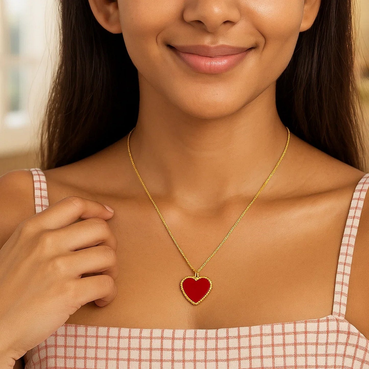 14k Yellow Gold High Polish Heart Red Cornelia Paste Necklace