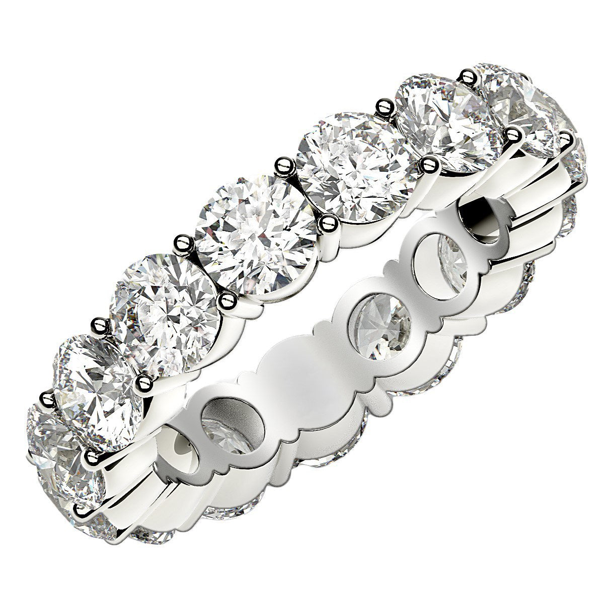 Round Cut Lab Grown Diamond Eternity Ring in 14k White Gold (5 cttw FG/VS2) in a sleek high-contrast midnight luxury editoria
