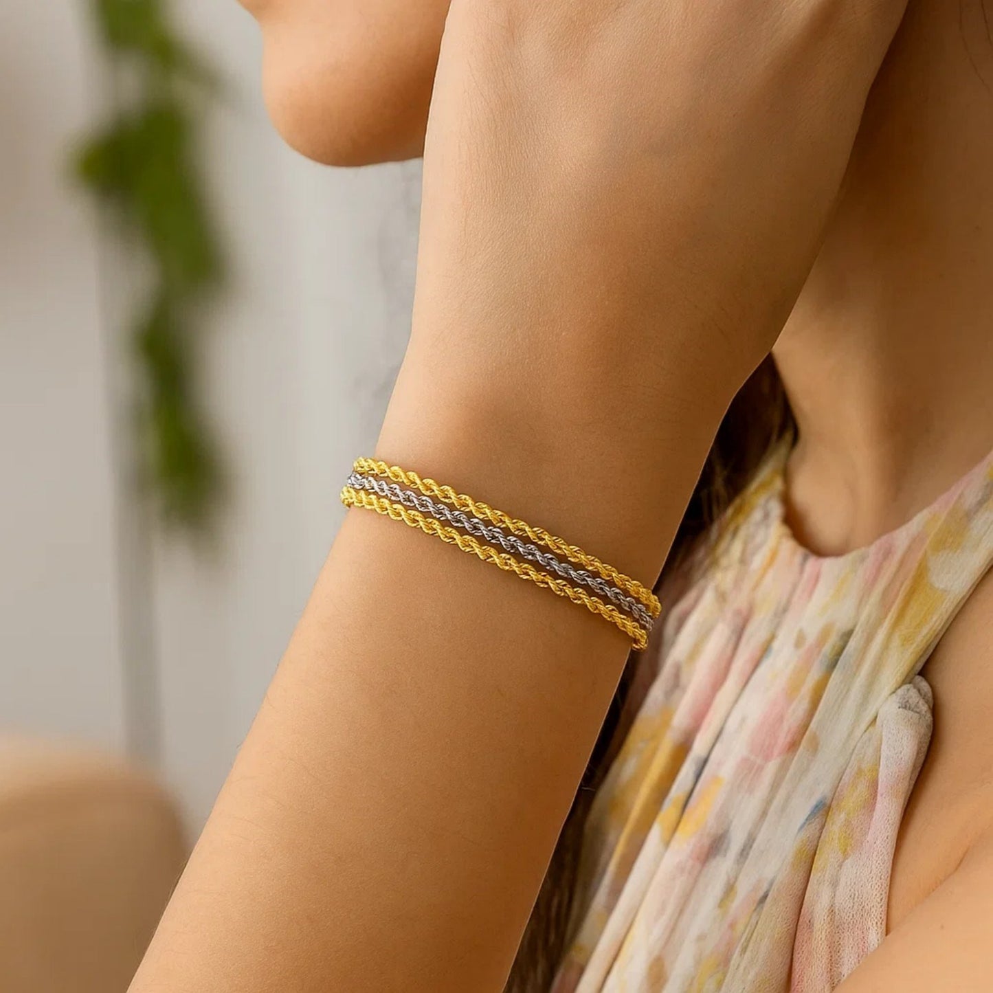 Triple Strand Rope Chain Bracelet in 10k Two Tone Gold (6.35 mm)