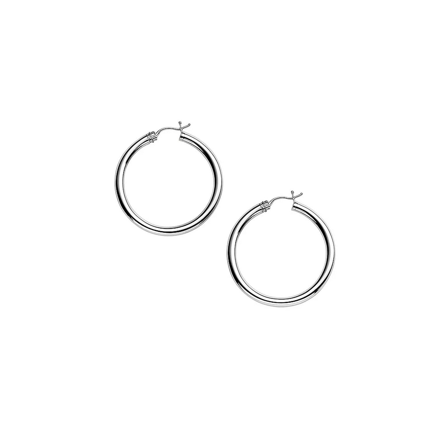 10k White Gold Polished Hoop Earrings (3x30mm) in a sleek high-contrast midnight luxury editorial style