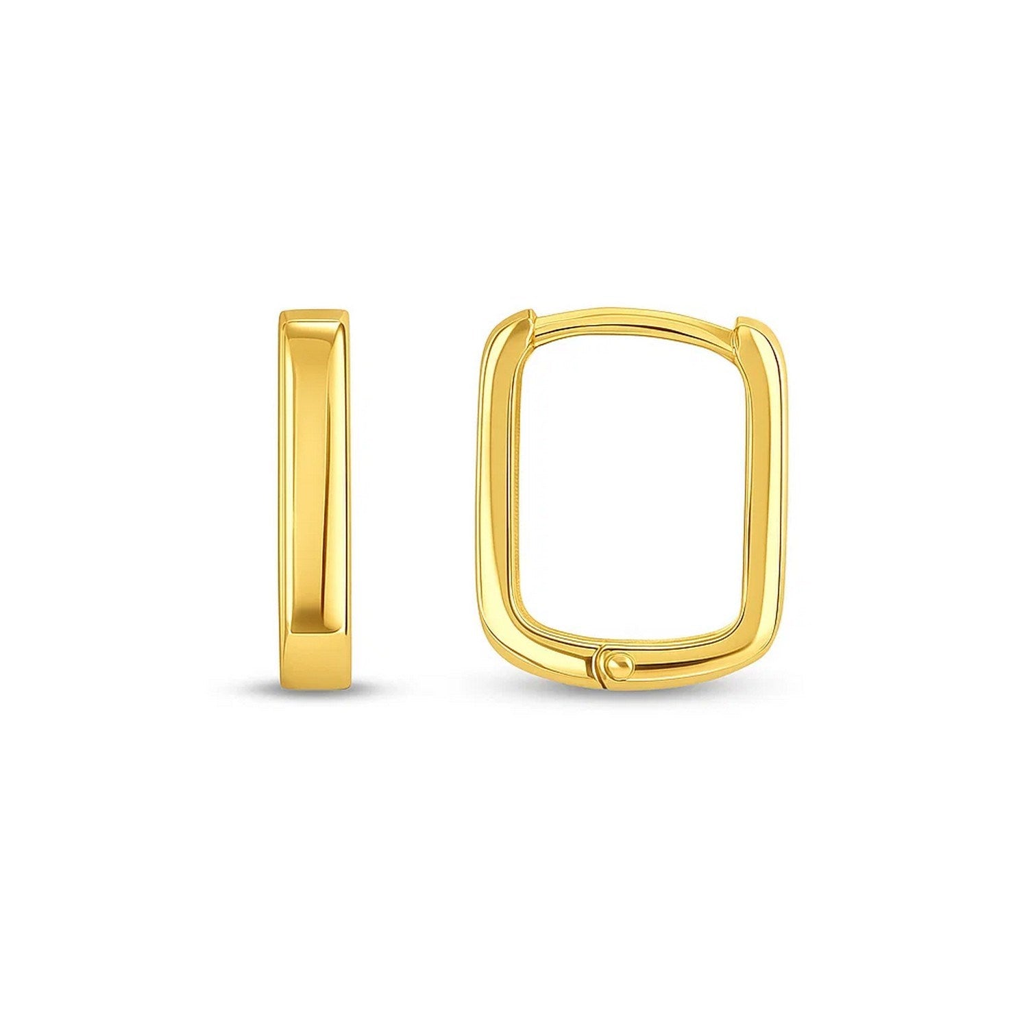 14k Yellow Gold Small Square Huggie Hoops in a sleek high-contrast midnight luxury editorial style