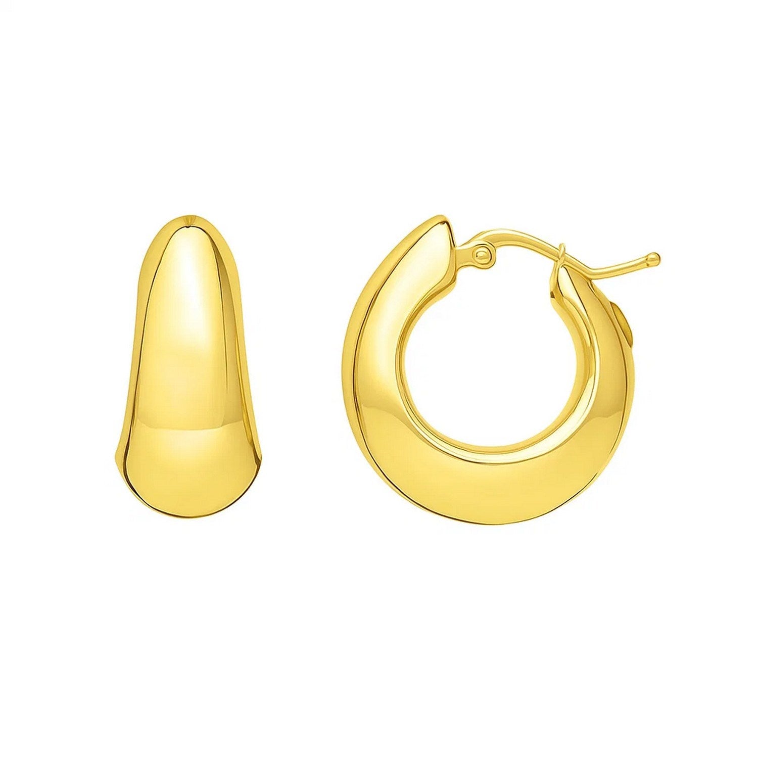 Tapered Electroform Hoop Earrings in 14K Yellow Gold in a sleek high-contrast midnight luxury editorial style