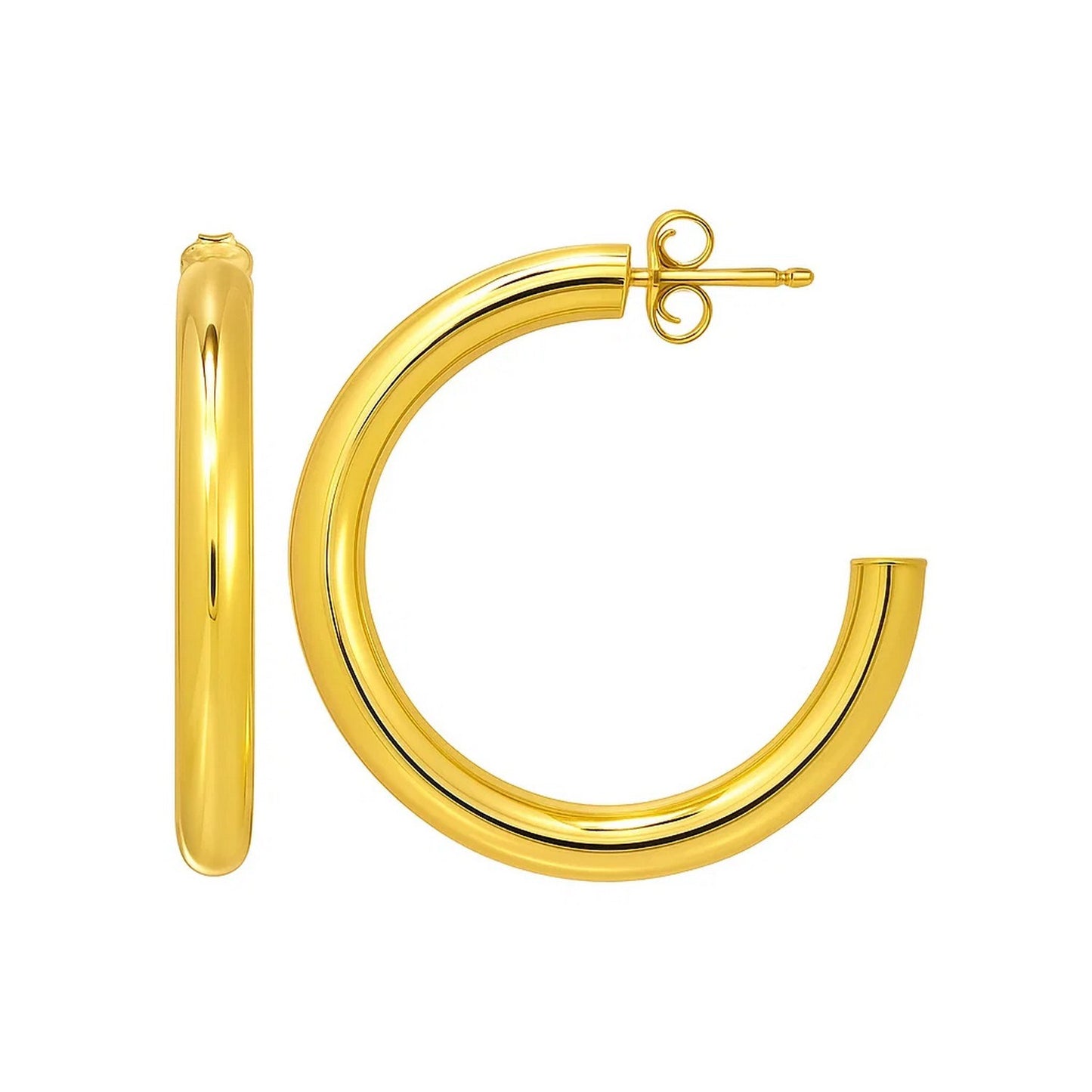 Round C Hoop Earrings in 14K Yellow Gold in a sleek high-contrast midnight luxury editorial style