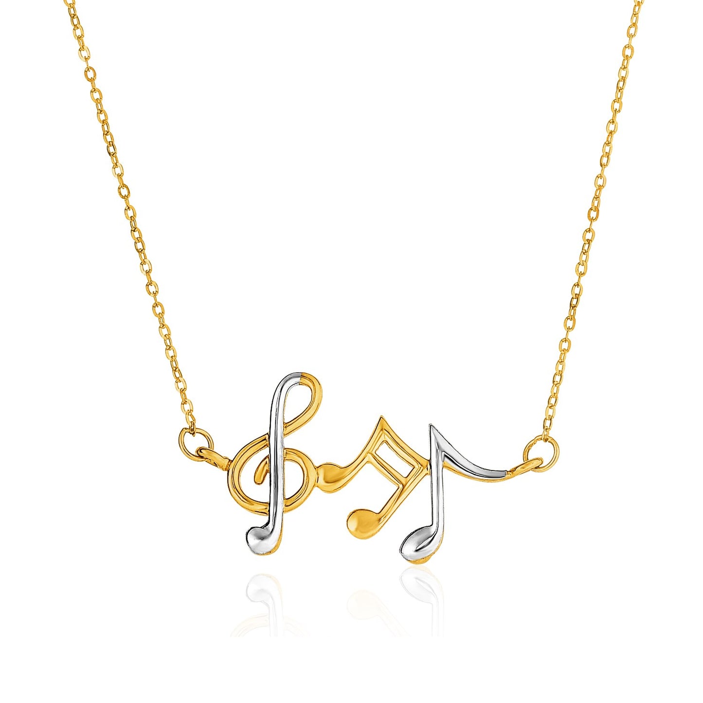 14k Two-Toned Yellow and White Gold Musical Notes Necklace in a sleek high-contrast midnight luxury editorial style
