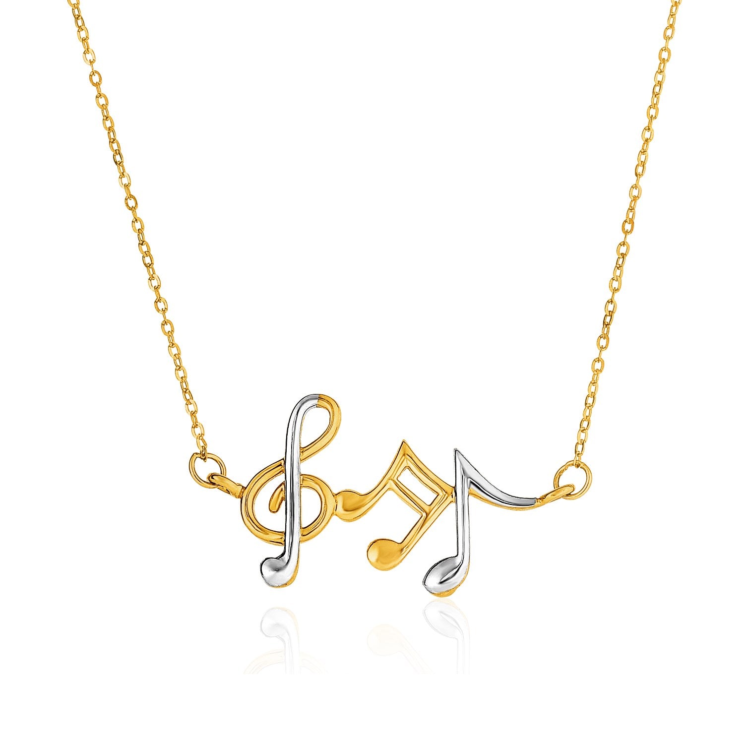 14k Two-Toned Yellow and White Gold Musical Notes Necklace in a sleek high-contrast midnight luxury editorial style