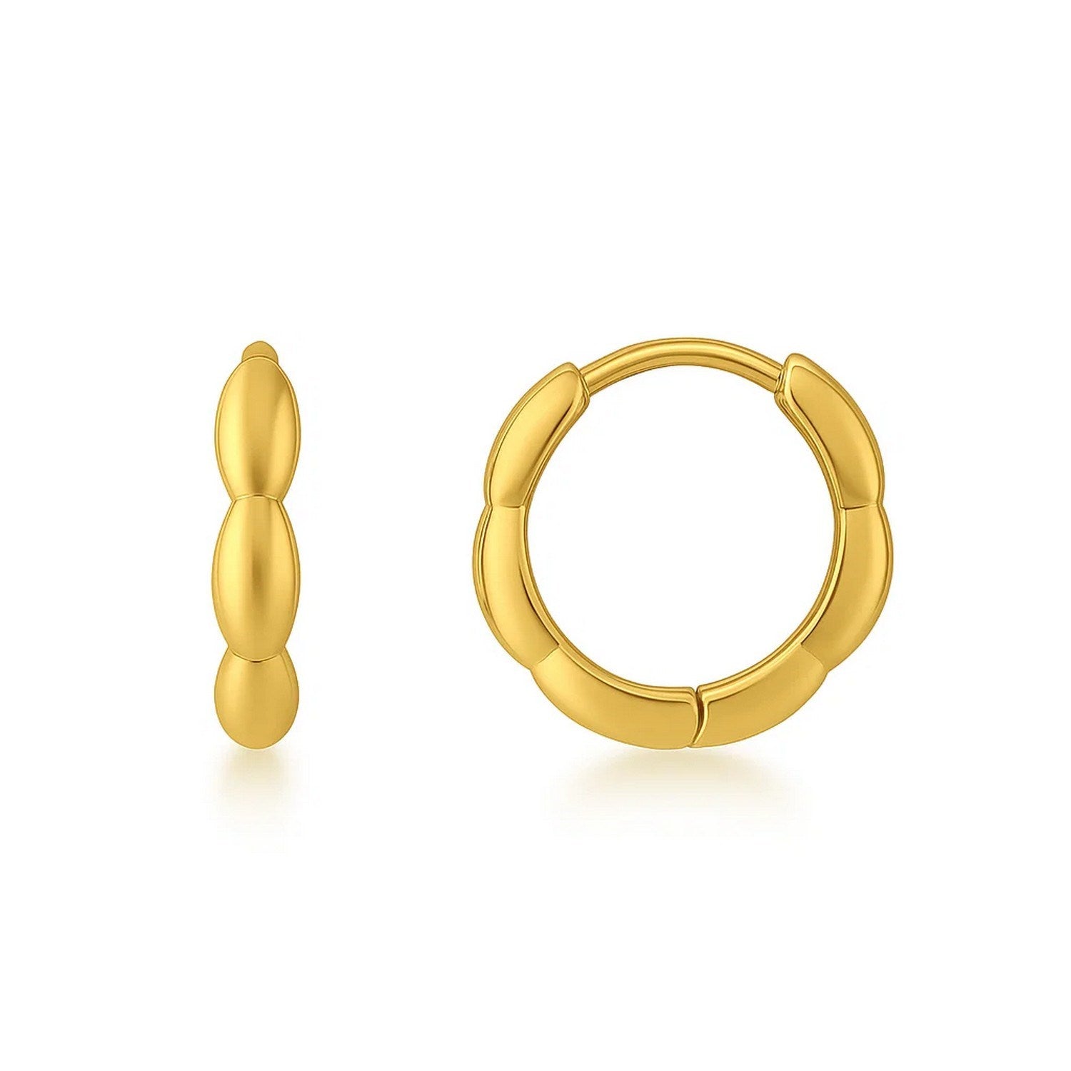 Small Rice Hoop Earrings in 14K Yellow Gold in a sleek high-contrast midnight luxury editorial style