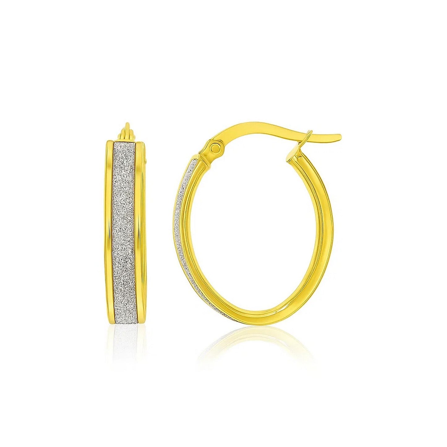 14k Two-Tone Gold Glitter Center Oval Hoop Earrings(4x15mm) in a sleek high-contrast midnight luxury editorial style