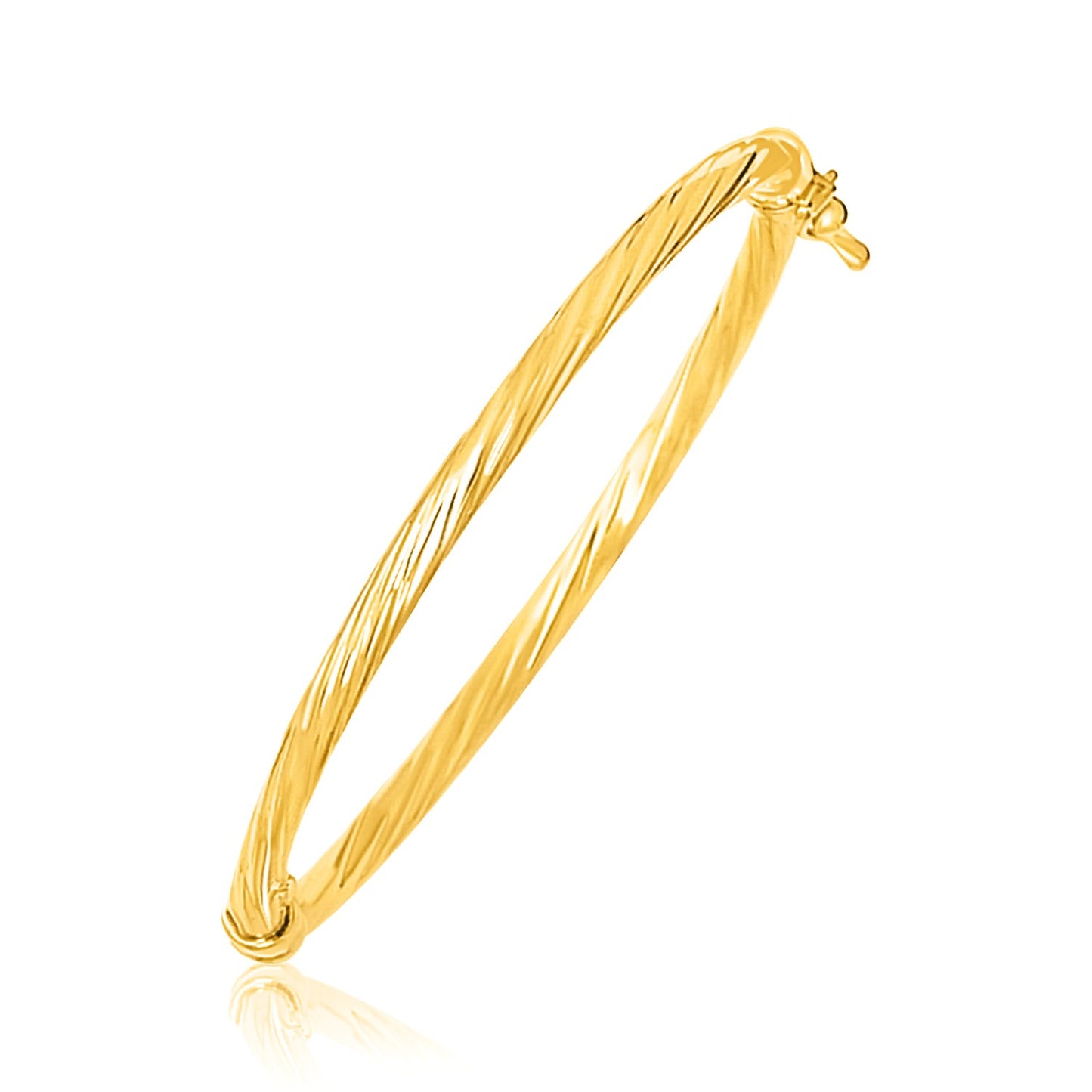 14k Yellow Gold Childrens Bangle with Spiral Motif Style (3.50 mm) in a sleek high-contrast midnight luxury editorial style