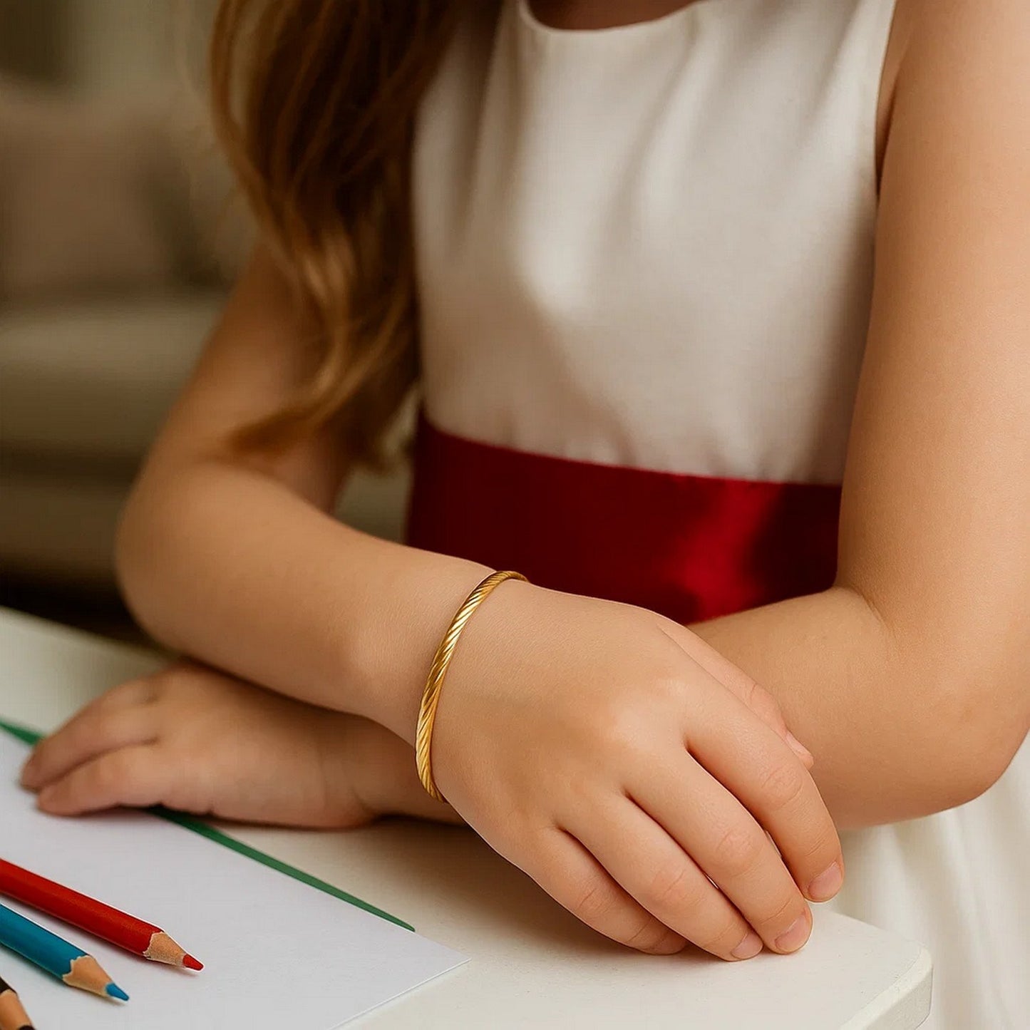 14k Yellow Gold Childrens Bangle with Spiral Motif Style (3.50 mm)