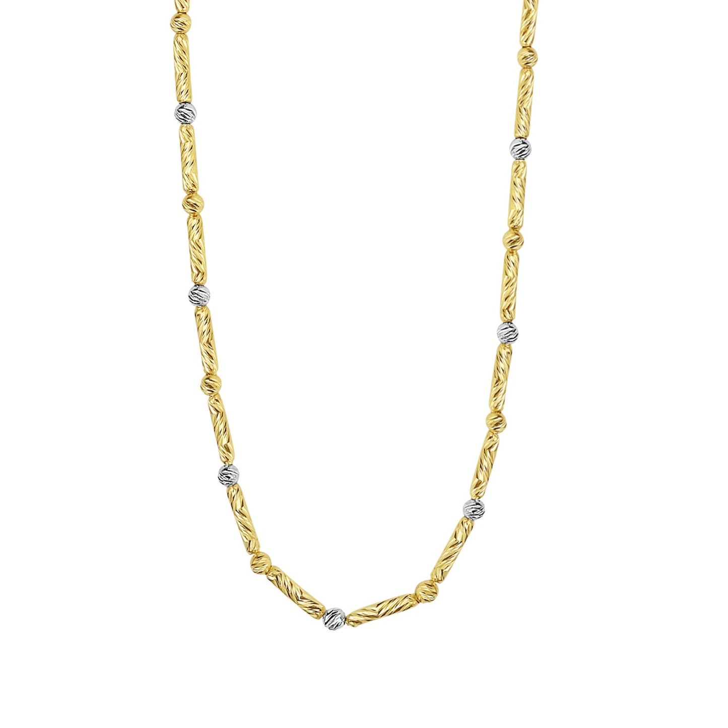 Two Tone Bar and Bead Necklace in 14K Gold in a sleek high-contrast midnight luxury editorial style