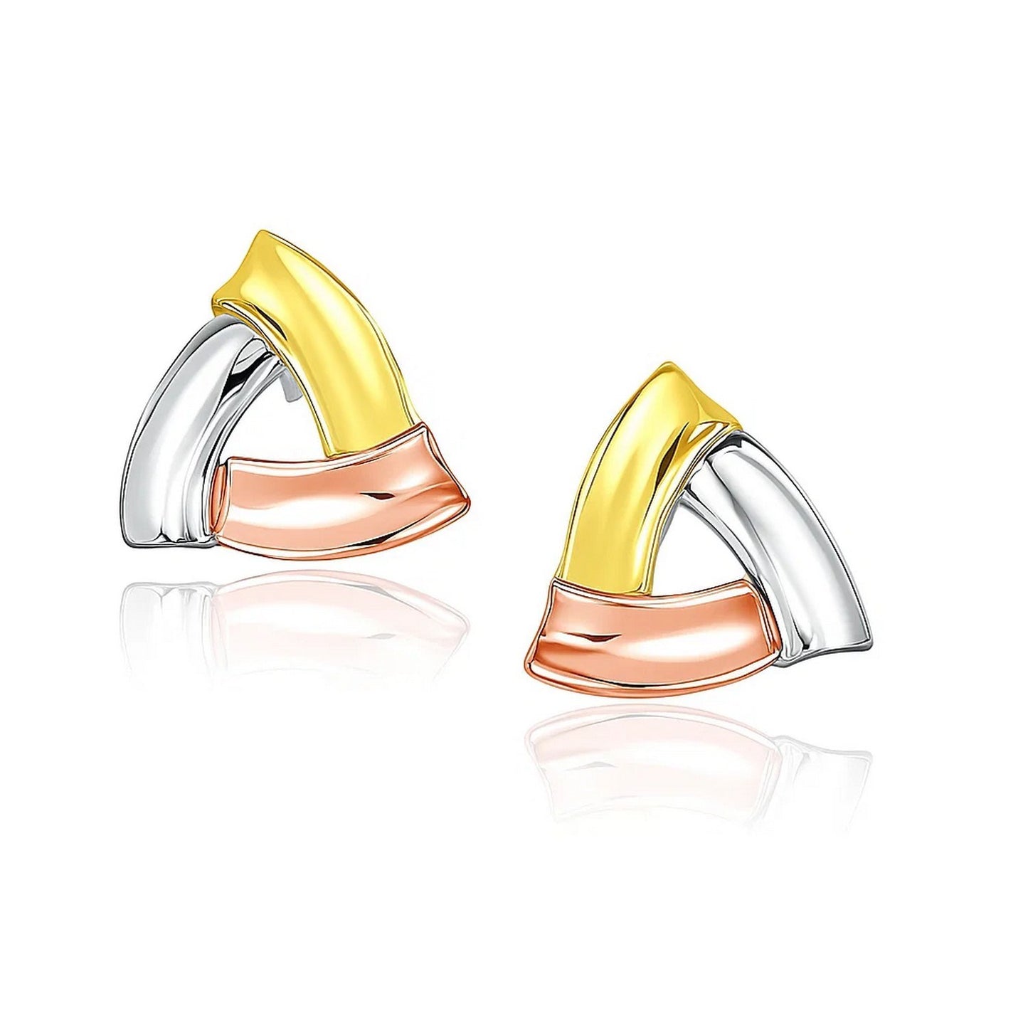 14k Tri-Color Gold Triangular Open Style Post Earrings in a sleek high-contrast midnight luxury editorial style