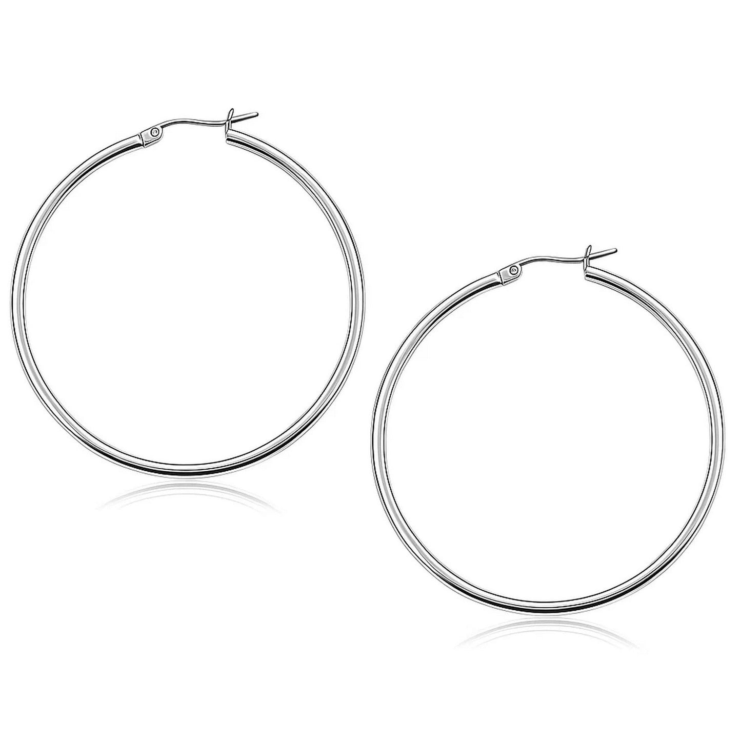 10k White Gold Polished Hoop Earrings (2x50mm) in a sleek high-contrast midnight luxury editorial style