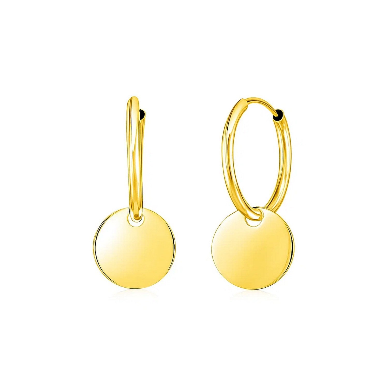 14k Yellow Gold Huggie Style Hoop Earrings with Circle Drops in a sleek high-contrast midnight luxury editorial style