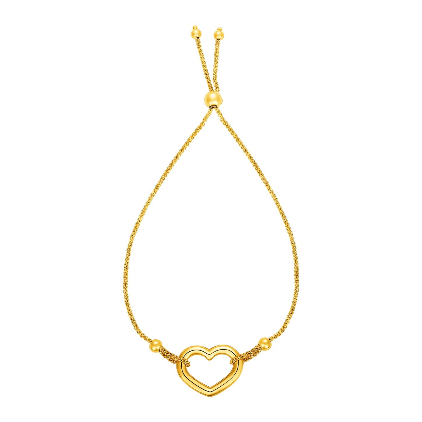 Adjustable Bracelet with Shiny Open Heart in 14k Yellow Gold (1.00 mm) in a sleek high-contrast midnight luxury editorial sty