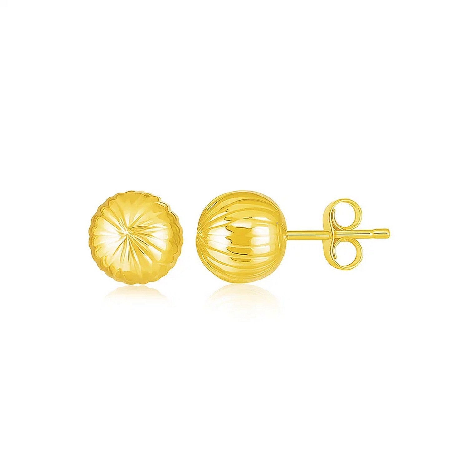14K Yellow Gold Ball Earrings with Linear Texture(5mm) in a sleek high-contrast midnight luxury editorial style