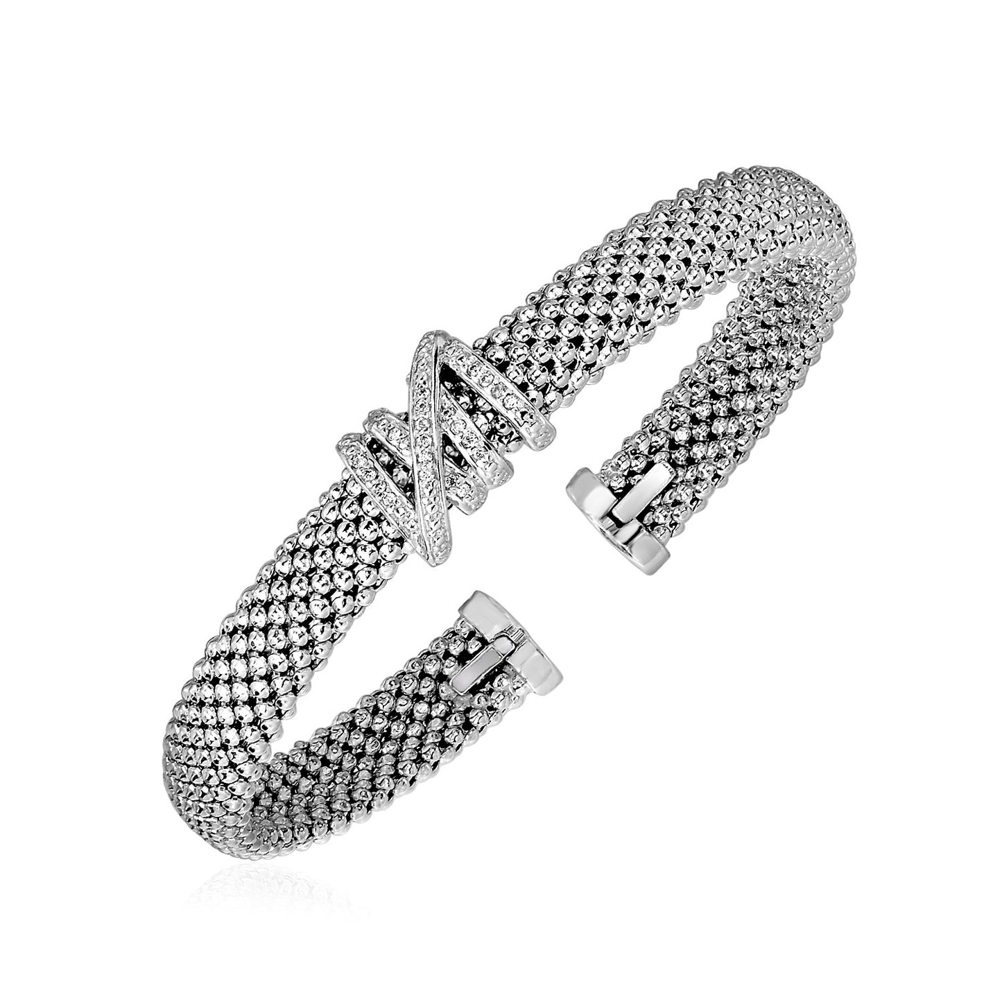 Popcorn Texture Cuff Bangle with Diamonds in Sterling Silver (8.00 mm) in a sleek high-contrast midnight luxury editorial sty