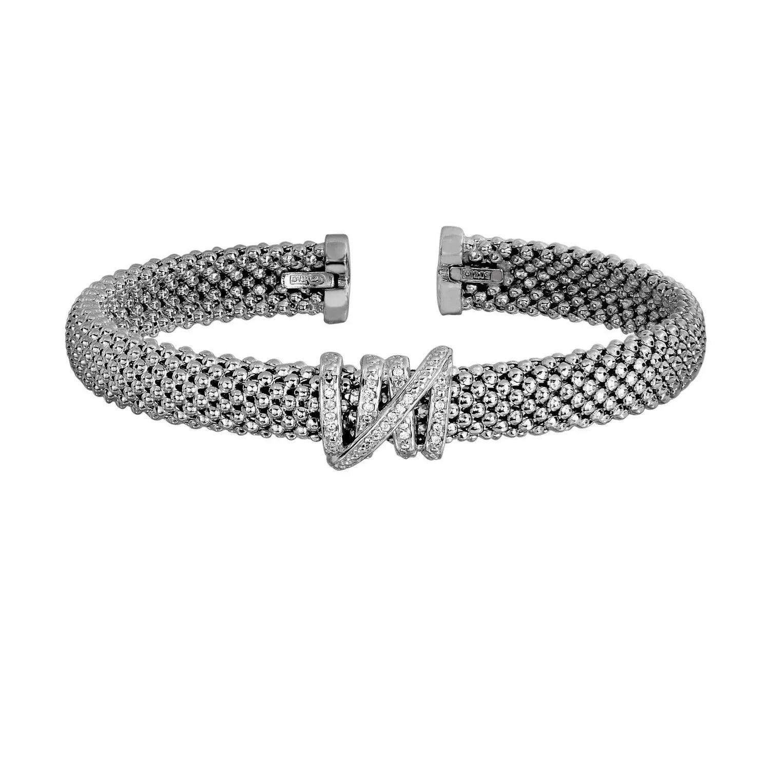 Popcorn Texture Cuff Bangle with Diamonds in Sterling Silver (8.00 mm) - Peelerie