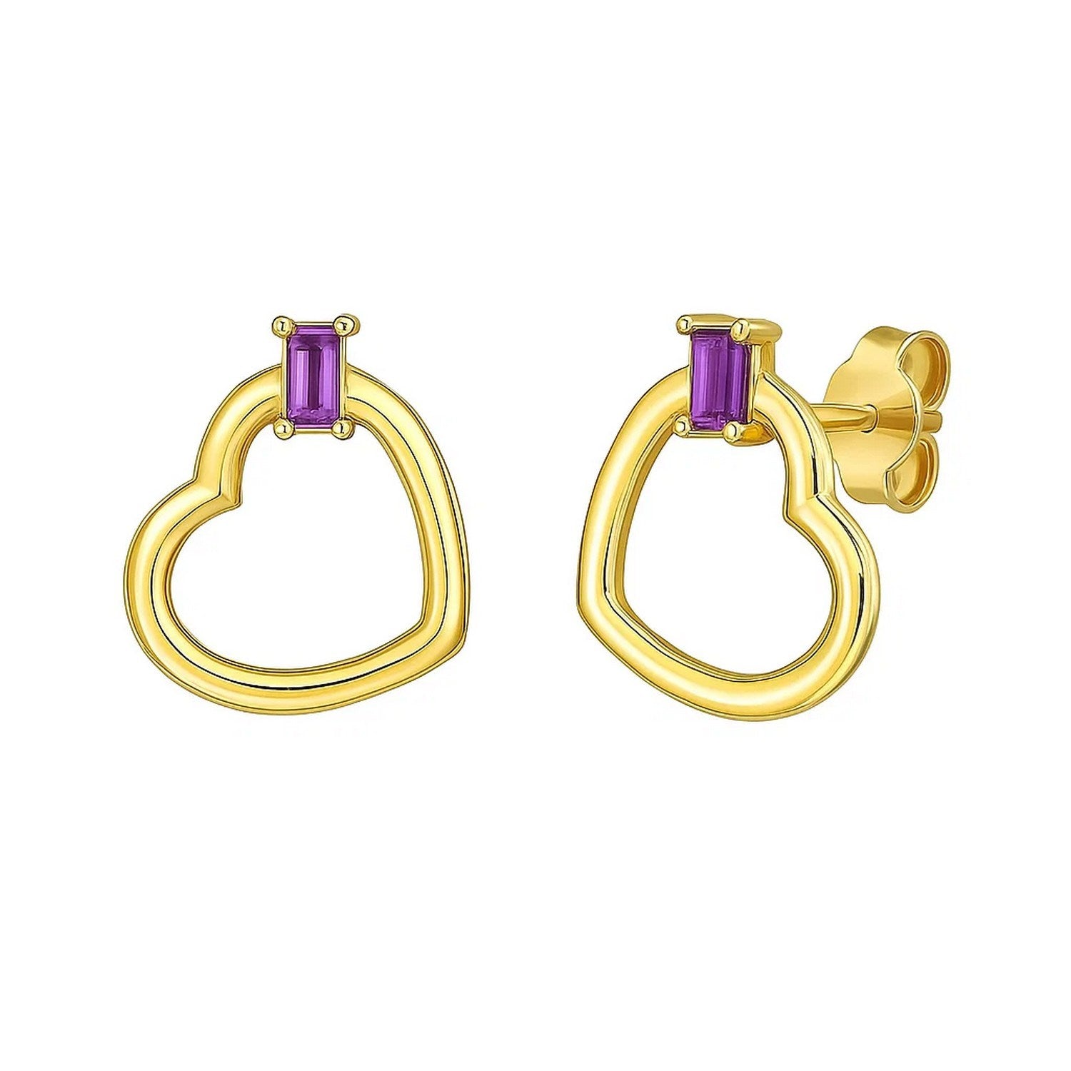 Amethyst Gemstone Baguette Earrings in 14K Yellow Gold in a sleek high-contrast midnight luxury editorial style