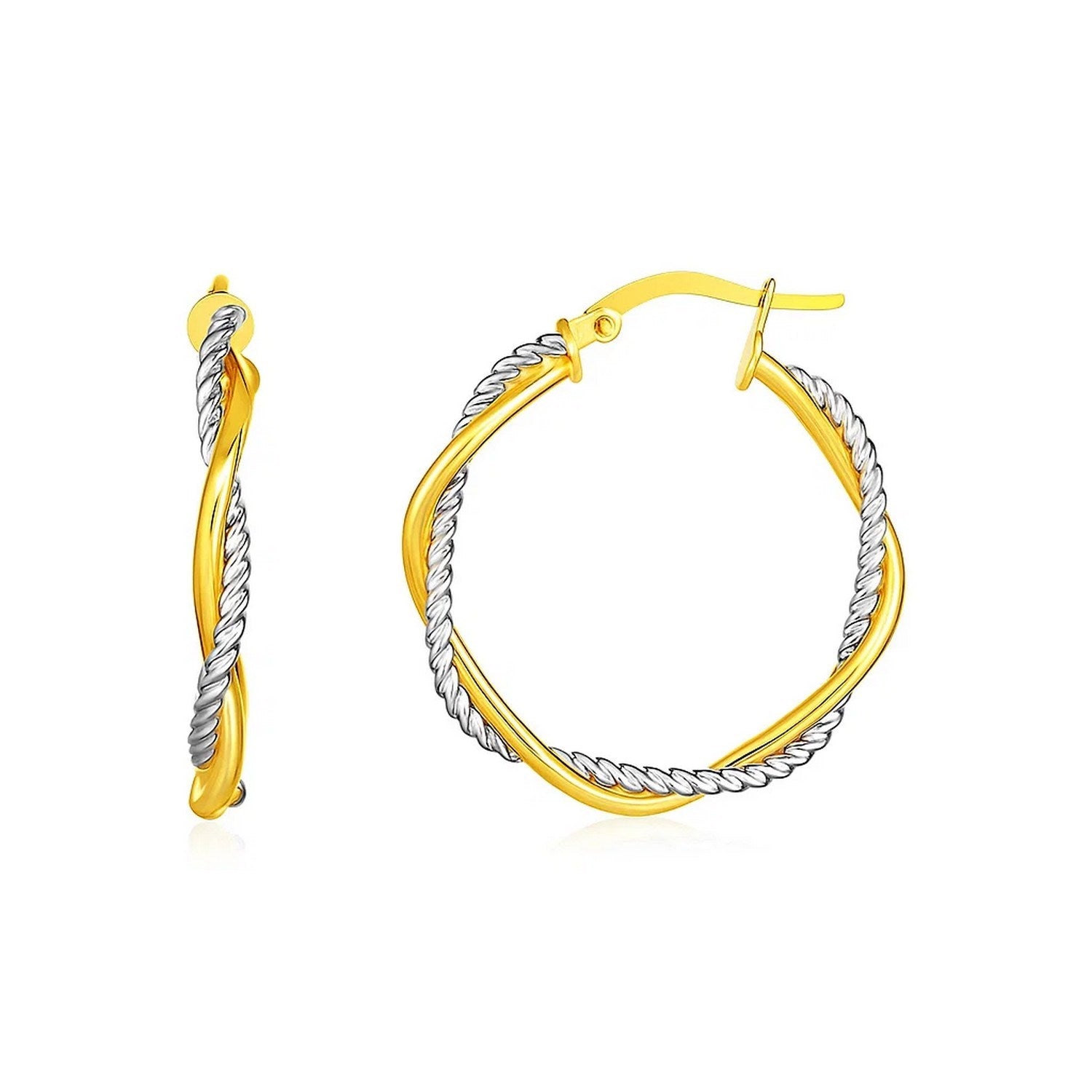 14k Yellow and White Gold Two Part Textured Twisted Round Hoop Earrings(3x23mm) in a sleek high-contrast midnight luxury edit