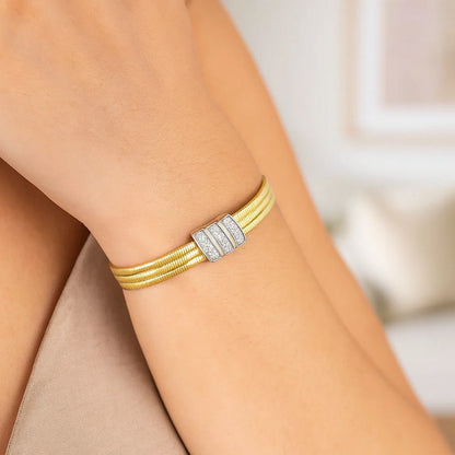 14K Yellow Gold Triple Row Diamond Omega Cuff Bangle