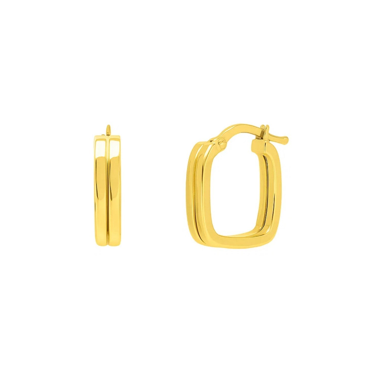 Double Square Tube Hoop Earrings in 14K Yellow Gold in a sleek high-contrast midnight luxury editorial style