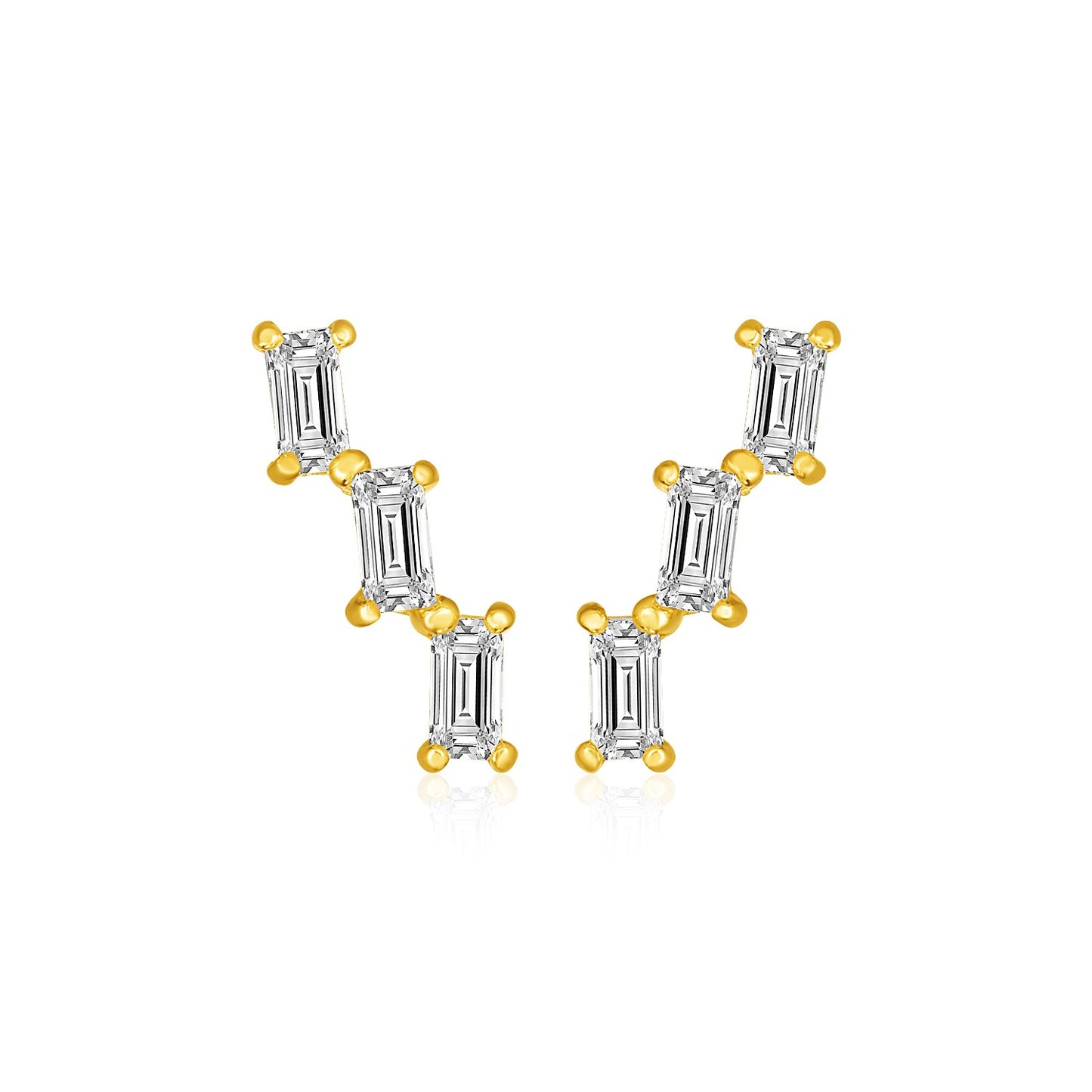 14k Yellow Gold Climber Post Earrings with Baguette Cubic Zirconias in a sleek high-contrast midnight luxury editorial style