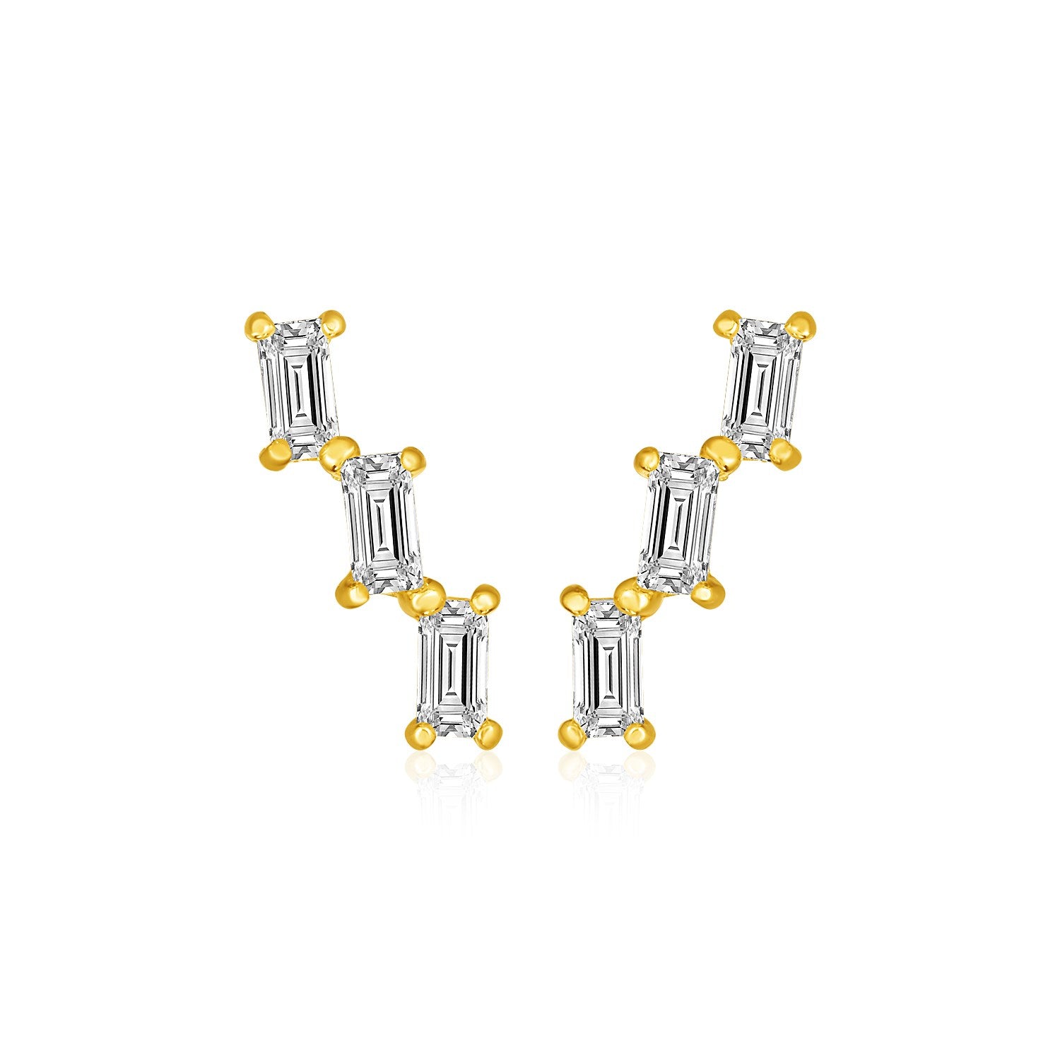 14k Yellow Gold Climber Post Earrings with Baguette Cubic Zirconias in a sleek high-contrast midnight luxury editorial style