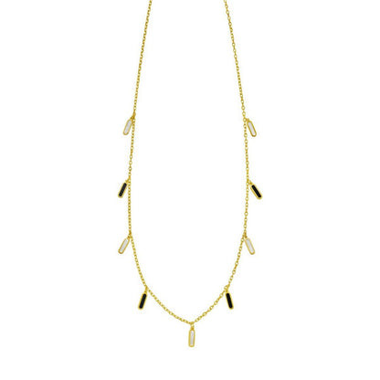 14K Yellow Gold Onyx And MOP Inlay Station Necklace