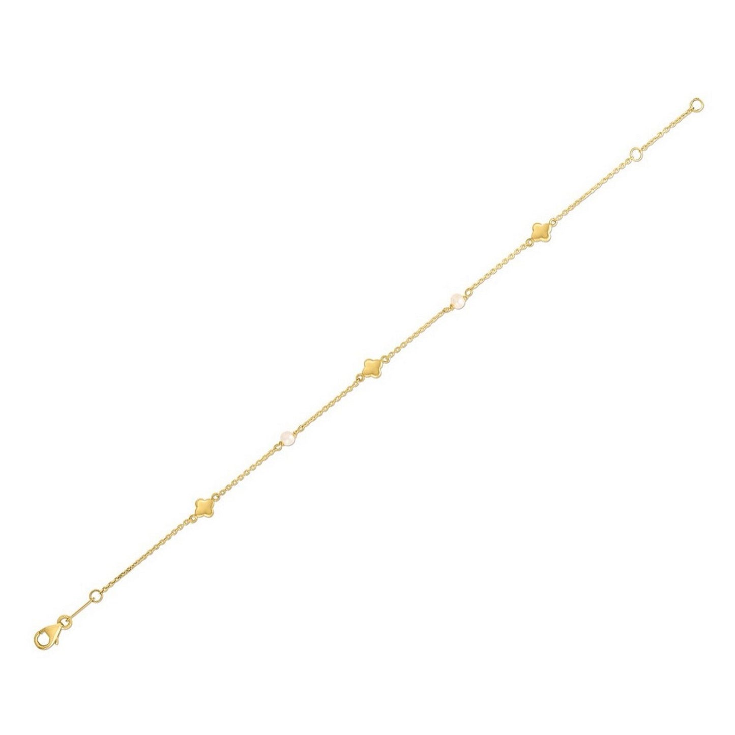 14k Yellow Gold Pearl Clover Bracelet in a sleek high-contrast midnight luxury editorial style