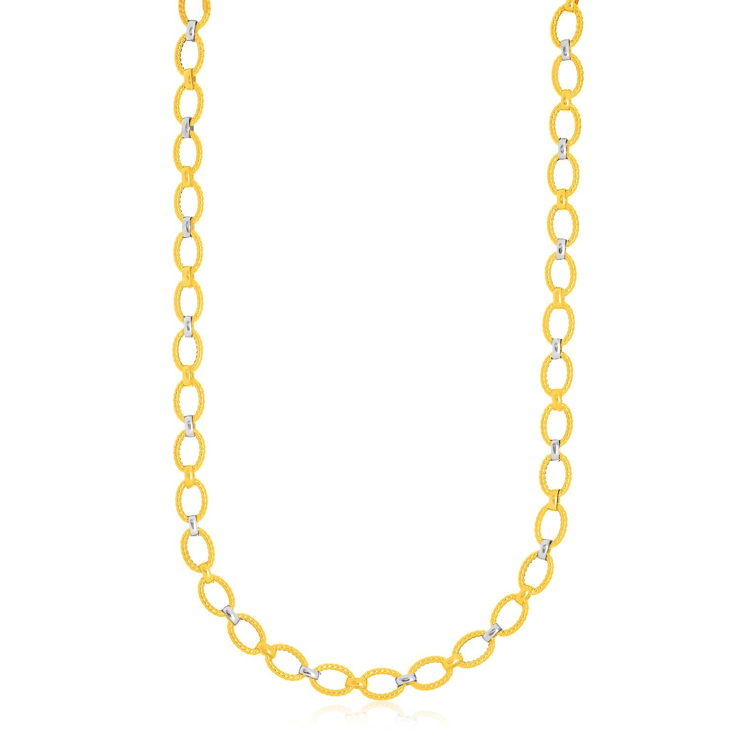 14k Two-Tone Gold Multi-Textured Oval Link Fancy Necklace in a sleek high-contrast midnight luxury editorial style