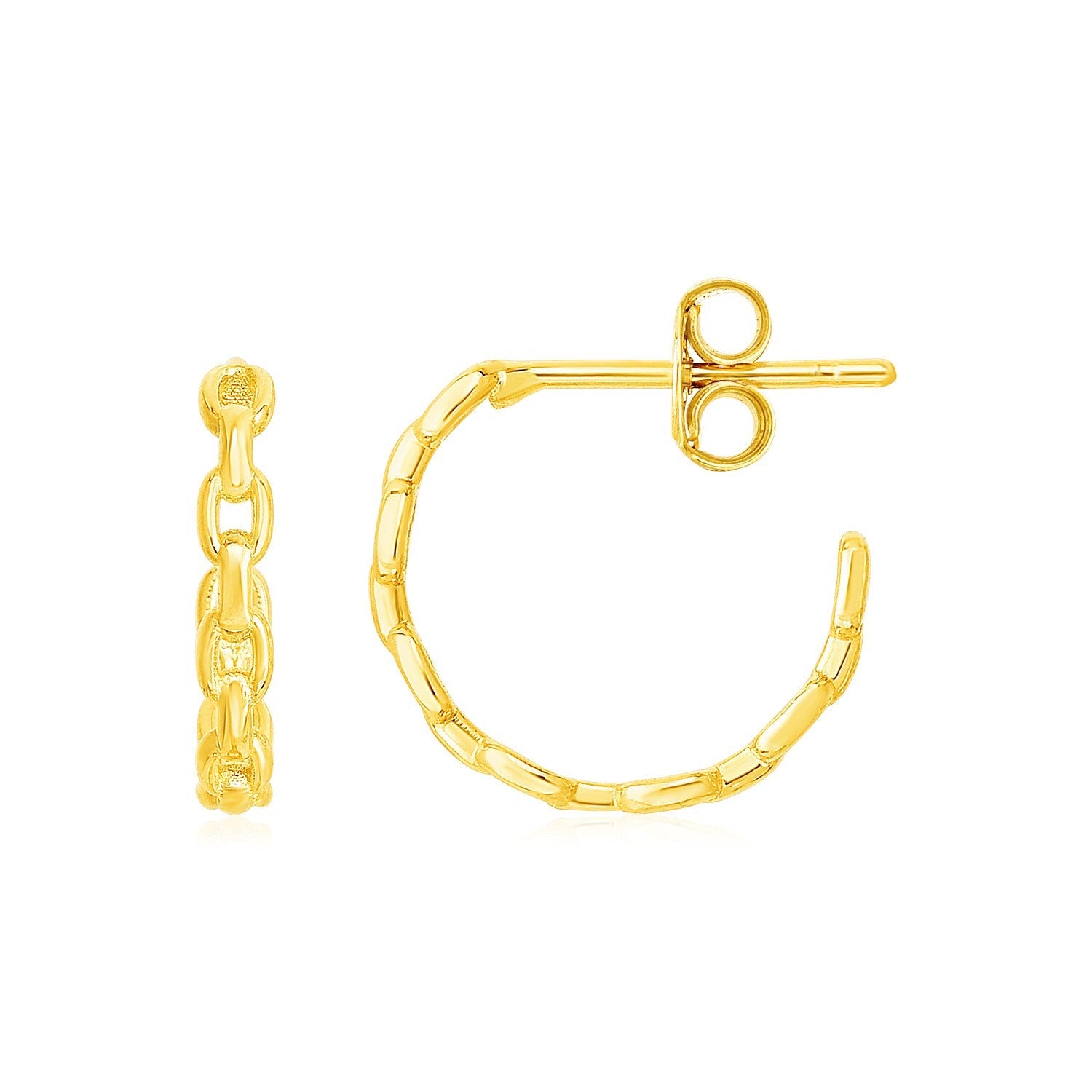 14k Yellow Gold Delicate Chain Hoop Earrings in a sleek high-contrast midnight luxury editorial style