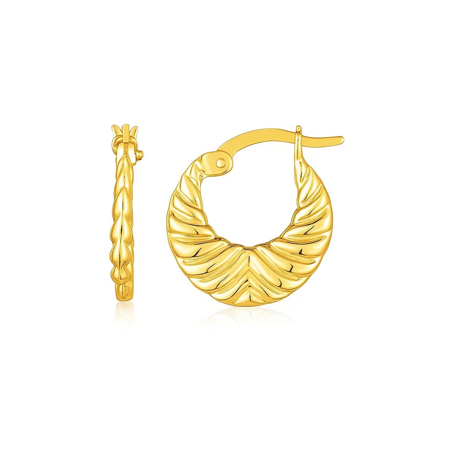 14K Yellow Gold Graduated Grooved Fancy Hoop Earrings in a sleek high-contrast midnight luxury editorial style