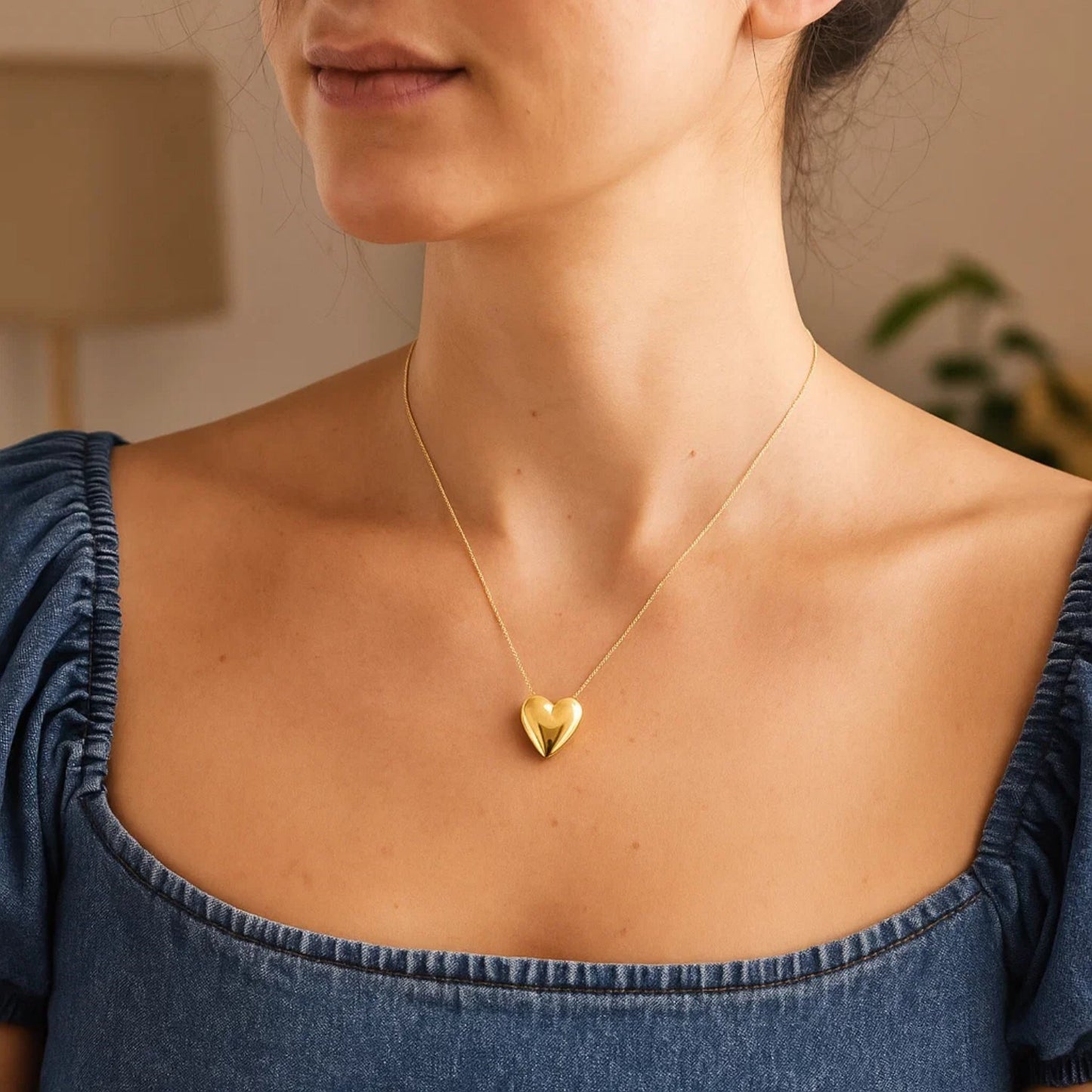 Large Puffed Heart Necklace in 14K Yellow Gold