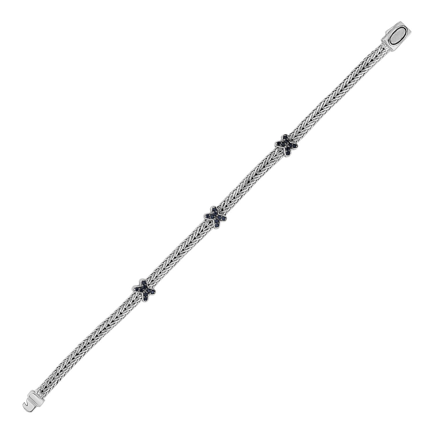 Woven Rope Bracelet with Black Sapphire X Accents in Sterling Silver in a sleek high-contrast midnight luxury editorial style