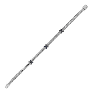 Woven Rope Bracelet with Black Sapphire X Accents in Sterling Silver in a sleek high-contrast midnight luxury editorial style