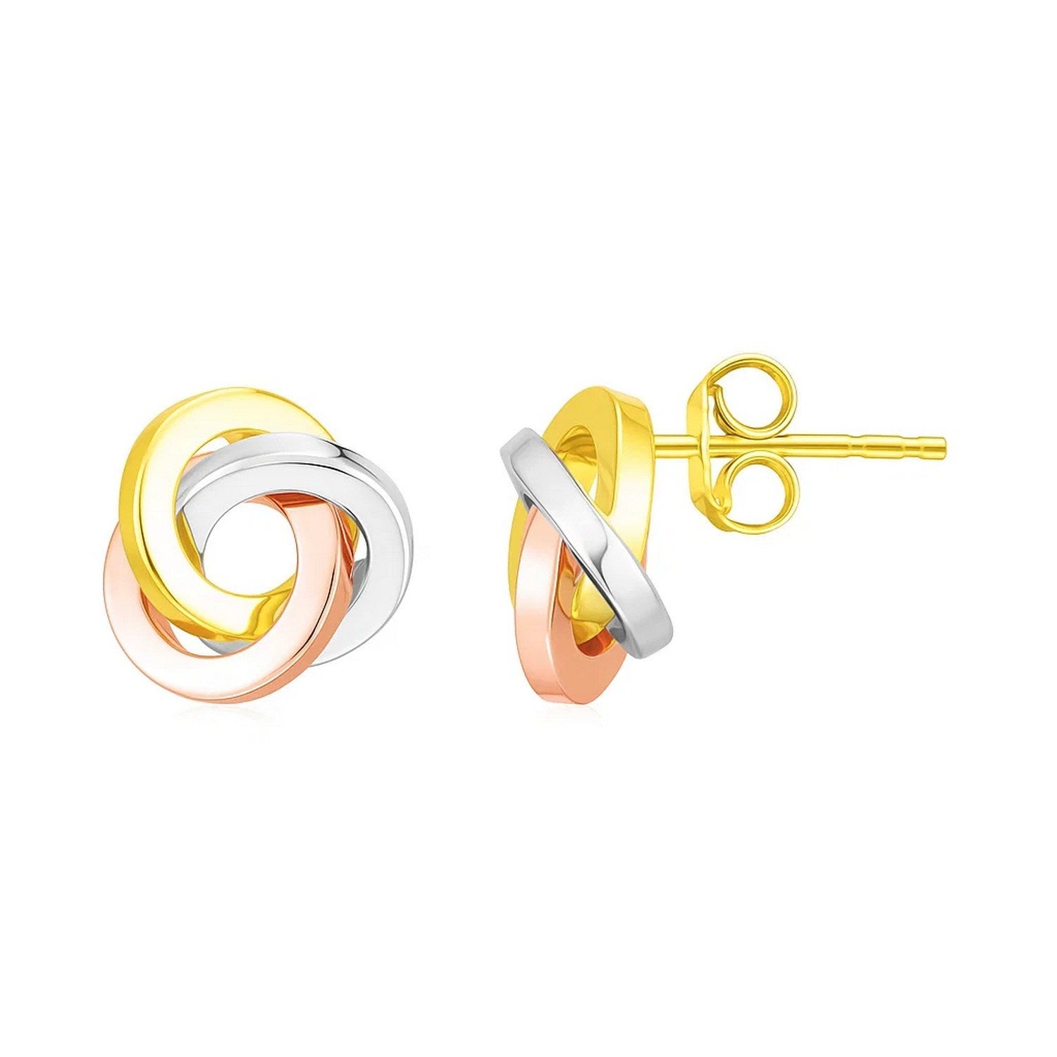 14k Tri Color Gold Love Knot Earrings(10mm) in a sleek high-contrast midnight luxury editorial style