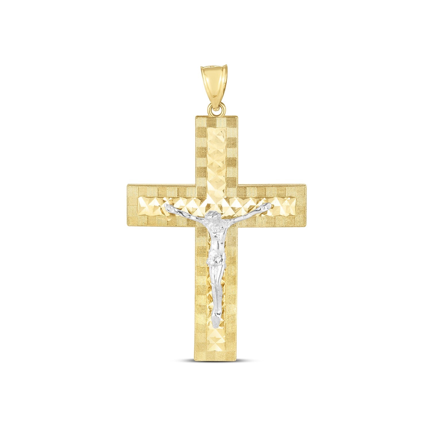14k Two Tone Gold High Polish Diamond Cut Cross Pendant in a sleek high-contrast midnight luxury editorial style