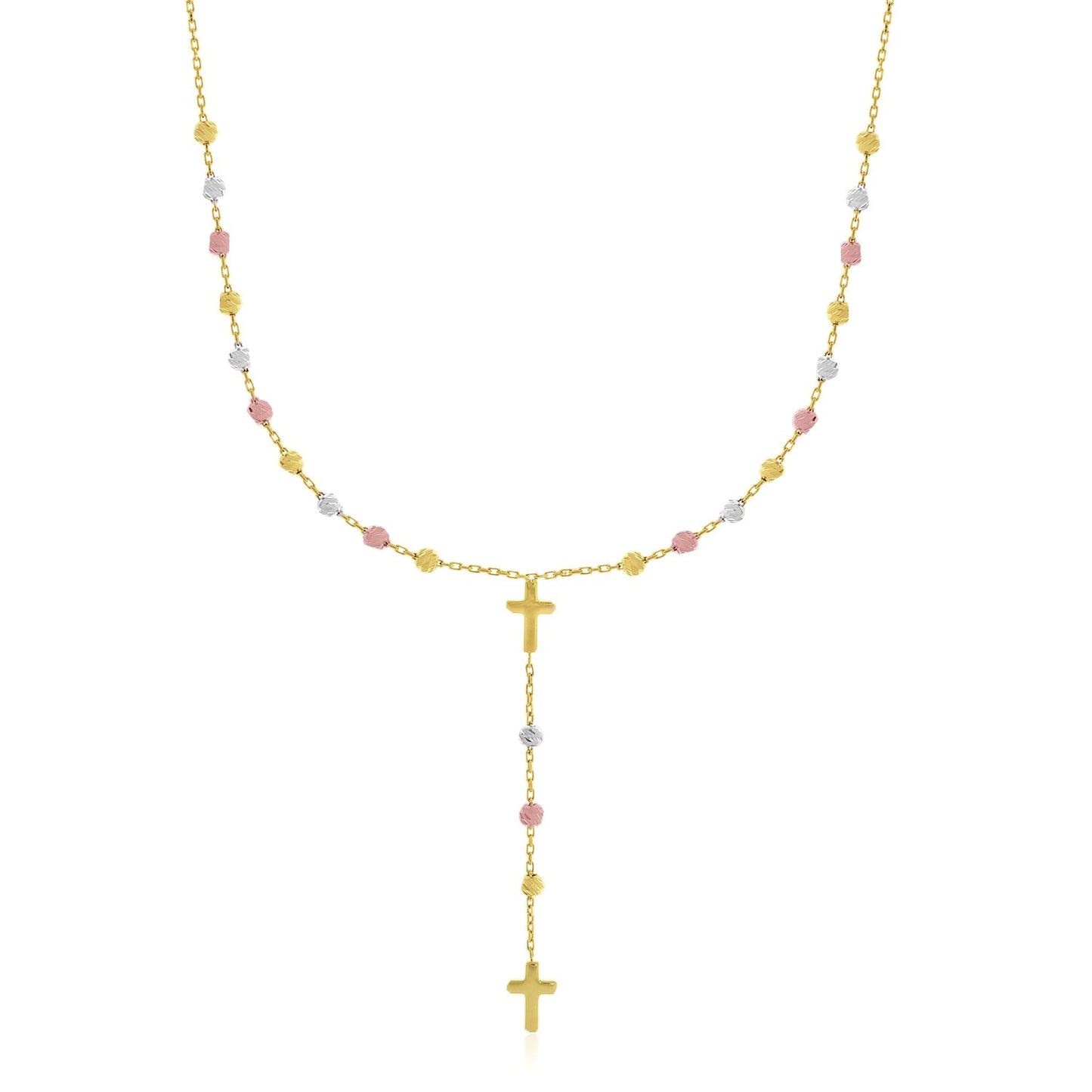 14k Tri-Color Gold Rosary Chain Necklace in a sleek high-contrast midnight luxury editorial style