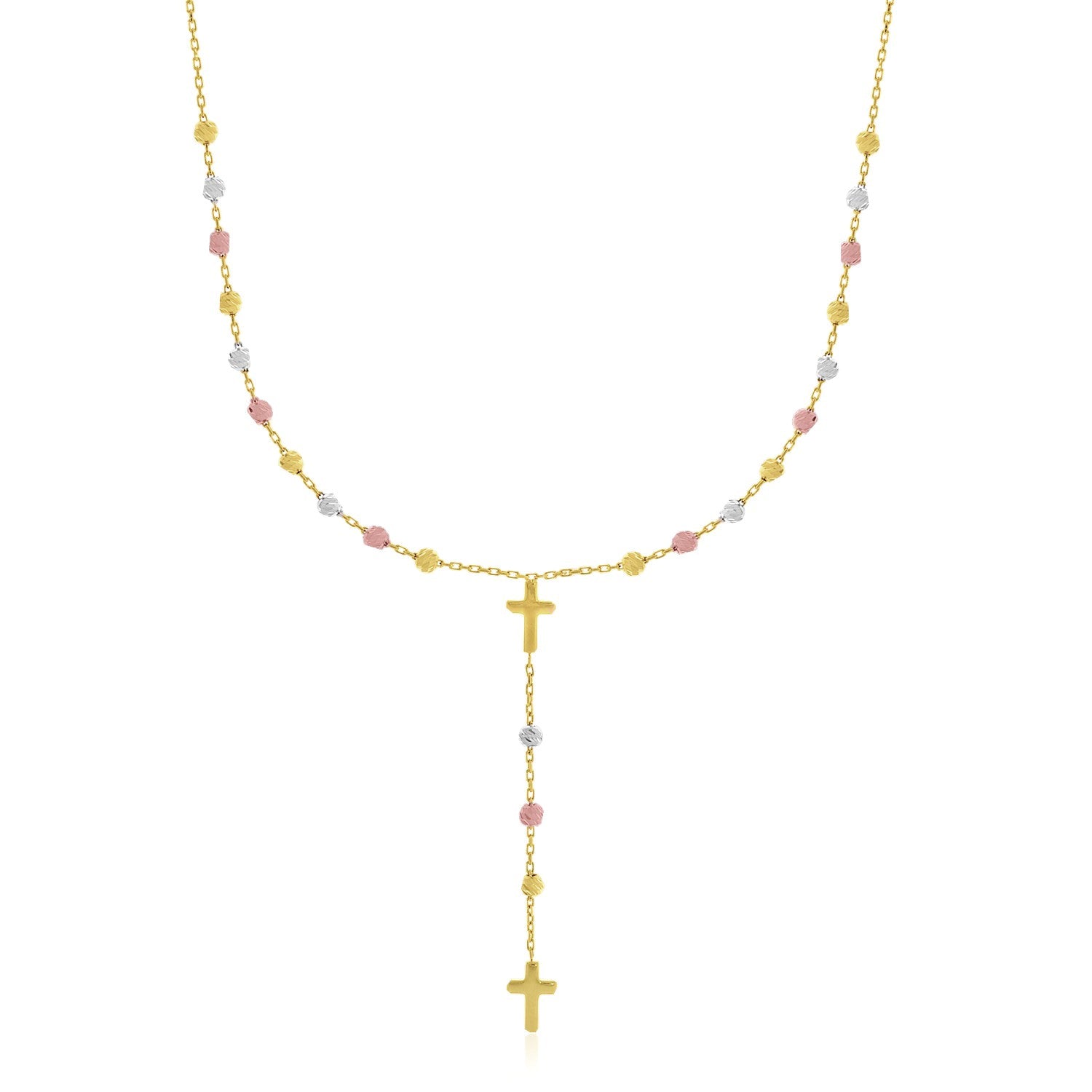 14k Tri-Color Gold Rosary Chain Necklace in a sleek high-contrast midnight luxury editorial style