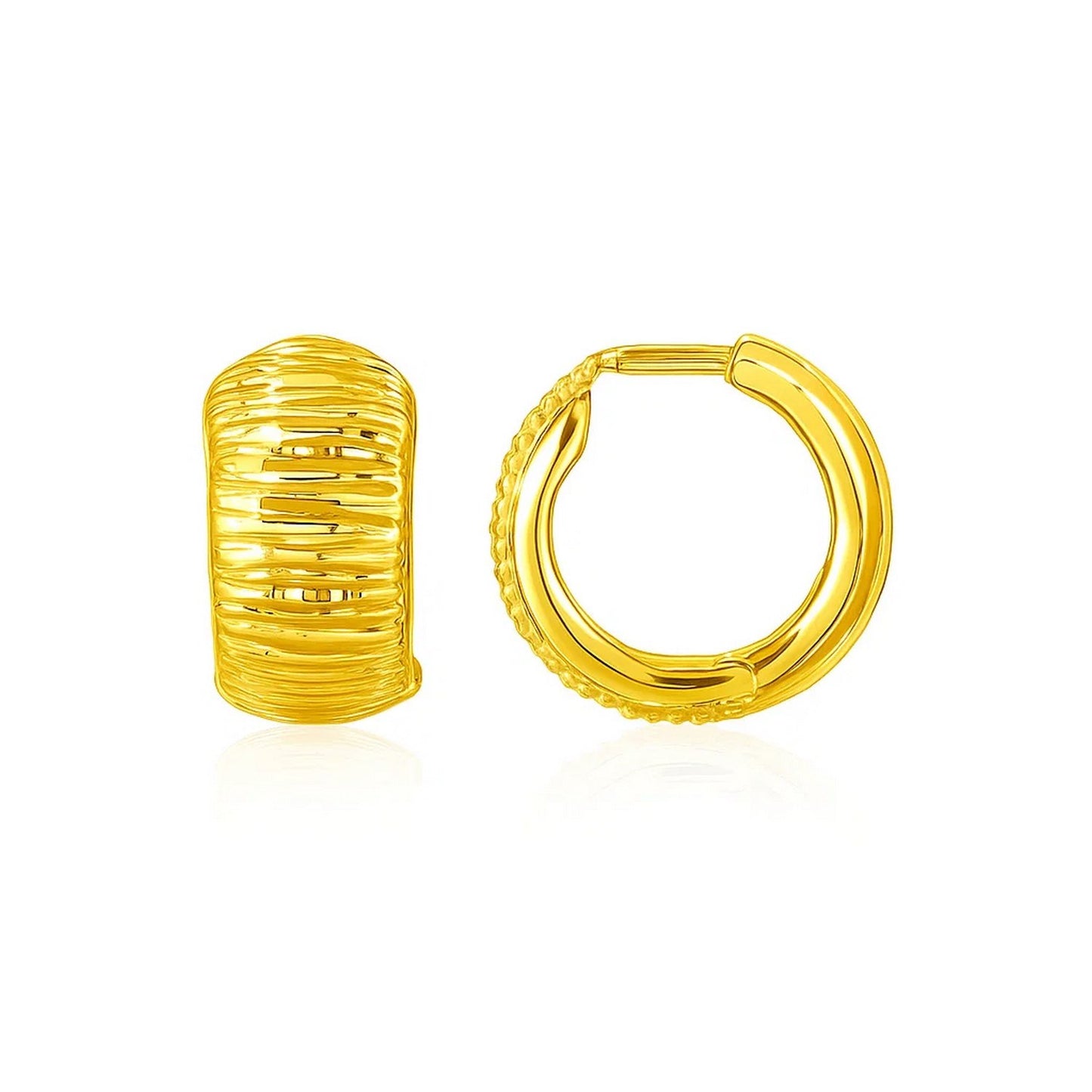 14k Yellow Gold Diamond Cut Hoop Design Earrings in a sleek high-contrast midnight luxury editorial style